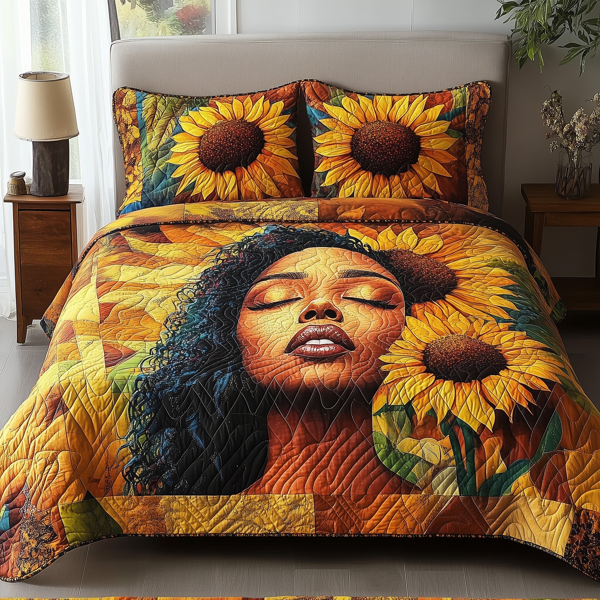 African American Quilted Bedding Set Sunflowers Proud And Free Native American Bedding Gifts - Bancroftclothings