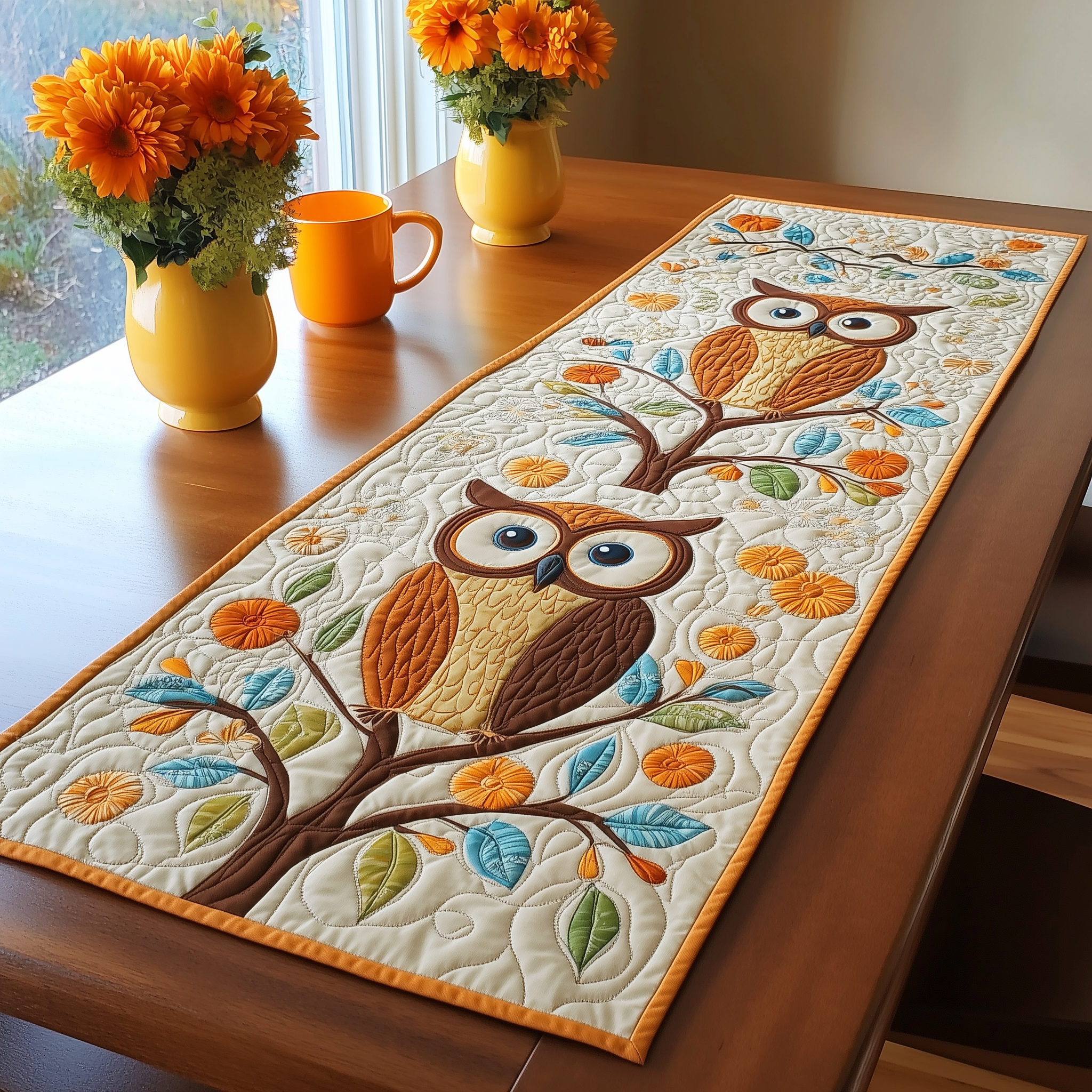Autumn Owl Symphony Quilted Table Runner Dinning Modern Table Runner Owl Items For Gifts Christmas - Bancroftclothings