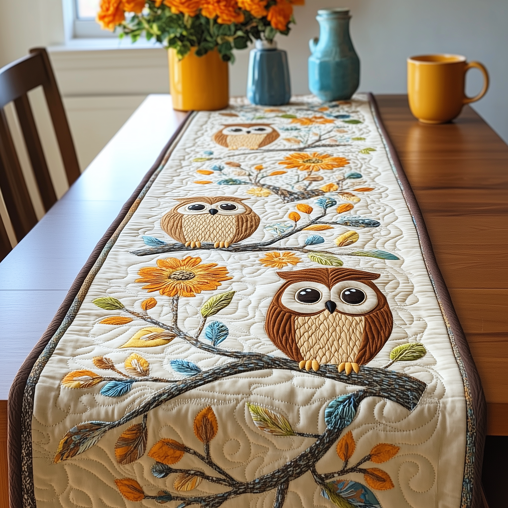 Autumn Owl Symphony Quilted Table Runner Holiday Best Owl Themed Christmas Gifts - Bancroftclothings