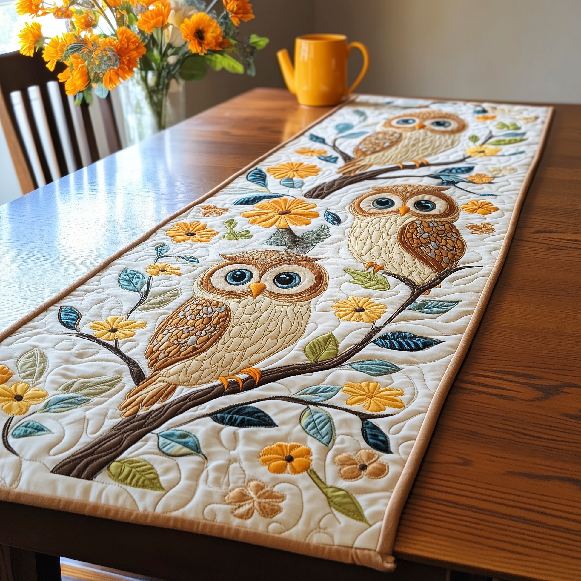 Autumn Owl Symphony Quilted Table RunnerUnique Owl Gifts For Women - Bancroftclothings