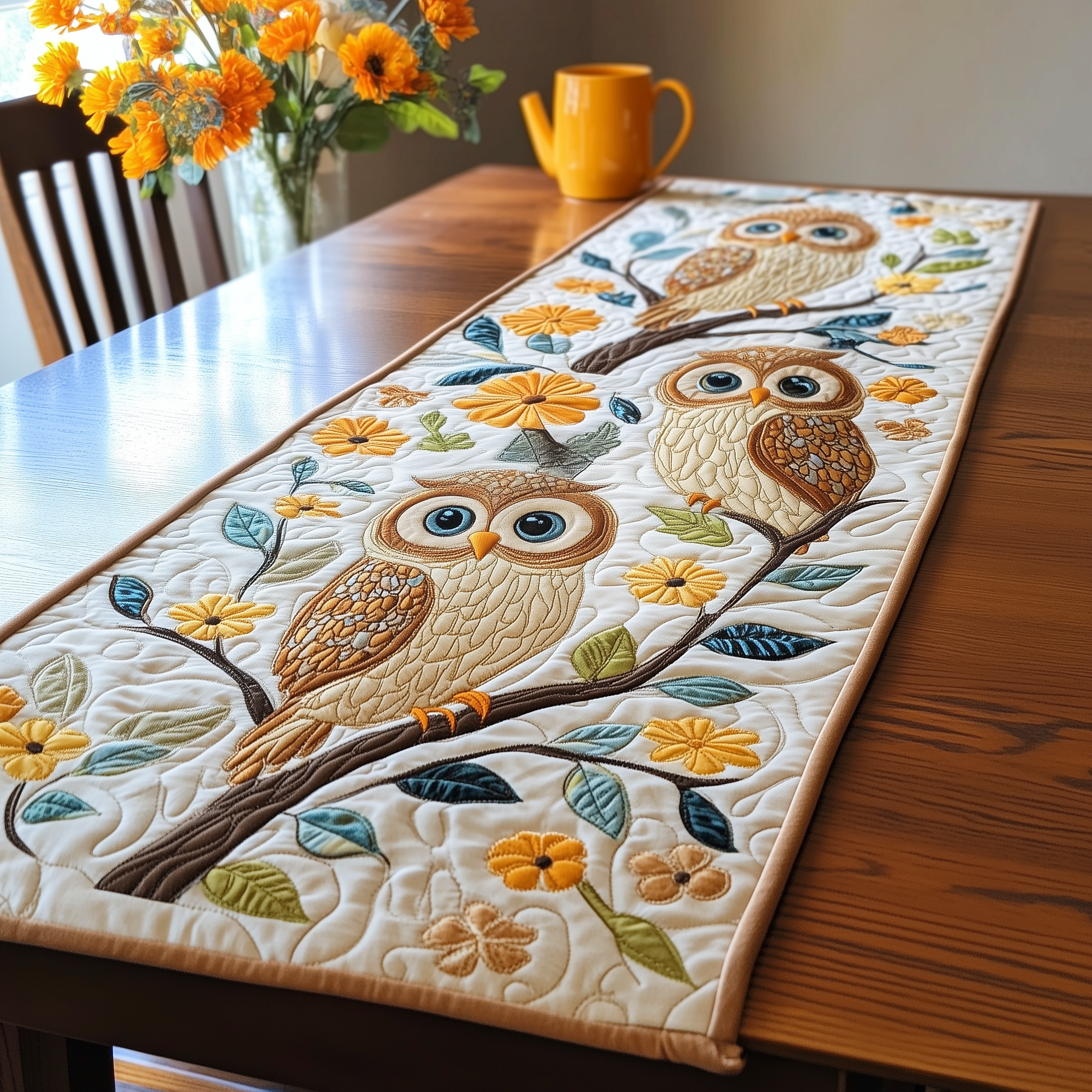 Autumn Owl Symphony Quilted Table RunnerUnique Owl Gifts For Women - Bancroftclothings