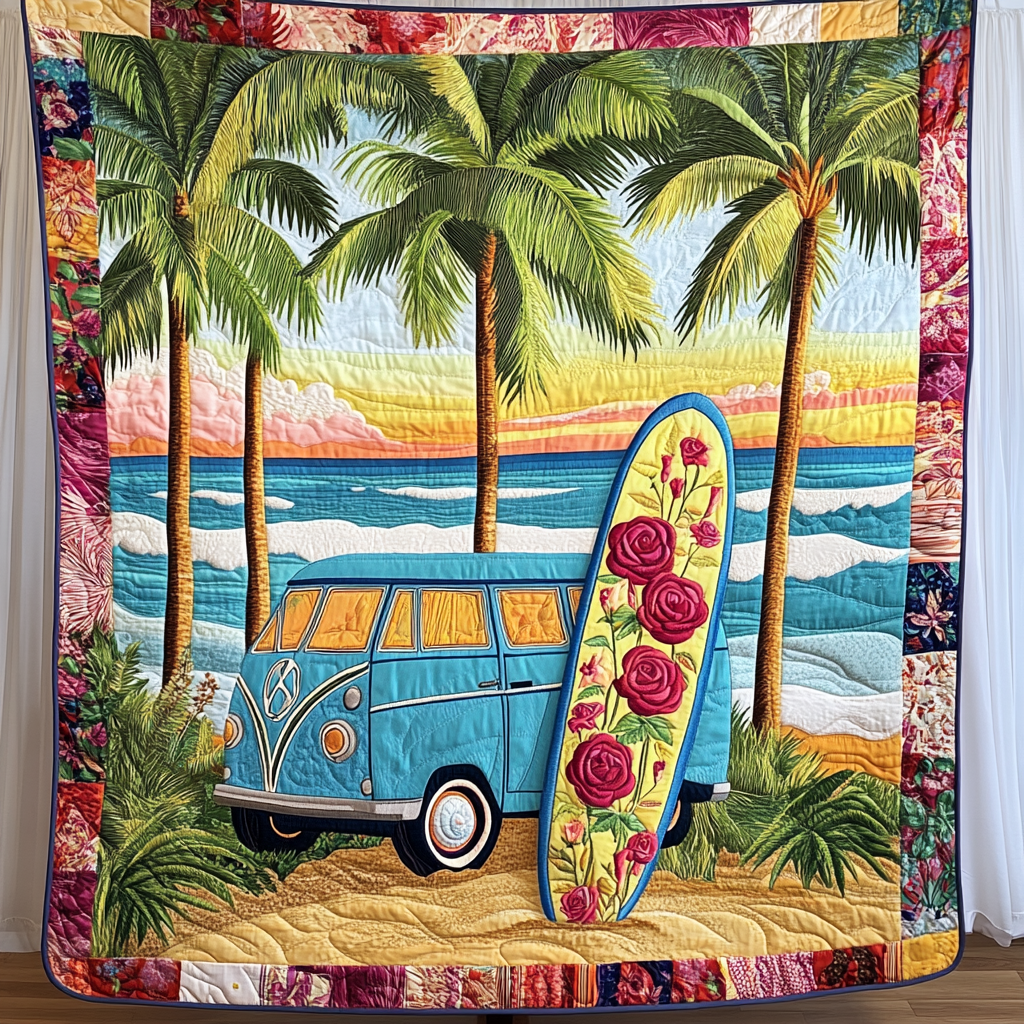 Beach Van Bloom Quilted Blanket Cute Throw Blanket Ocean Themed Christmas Gifts - Bancroftclothings