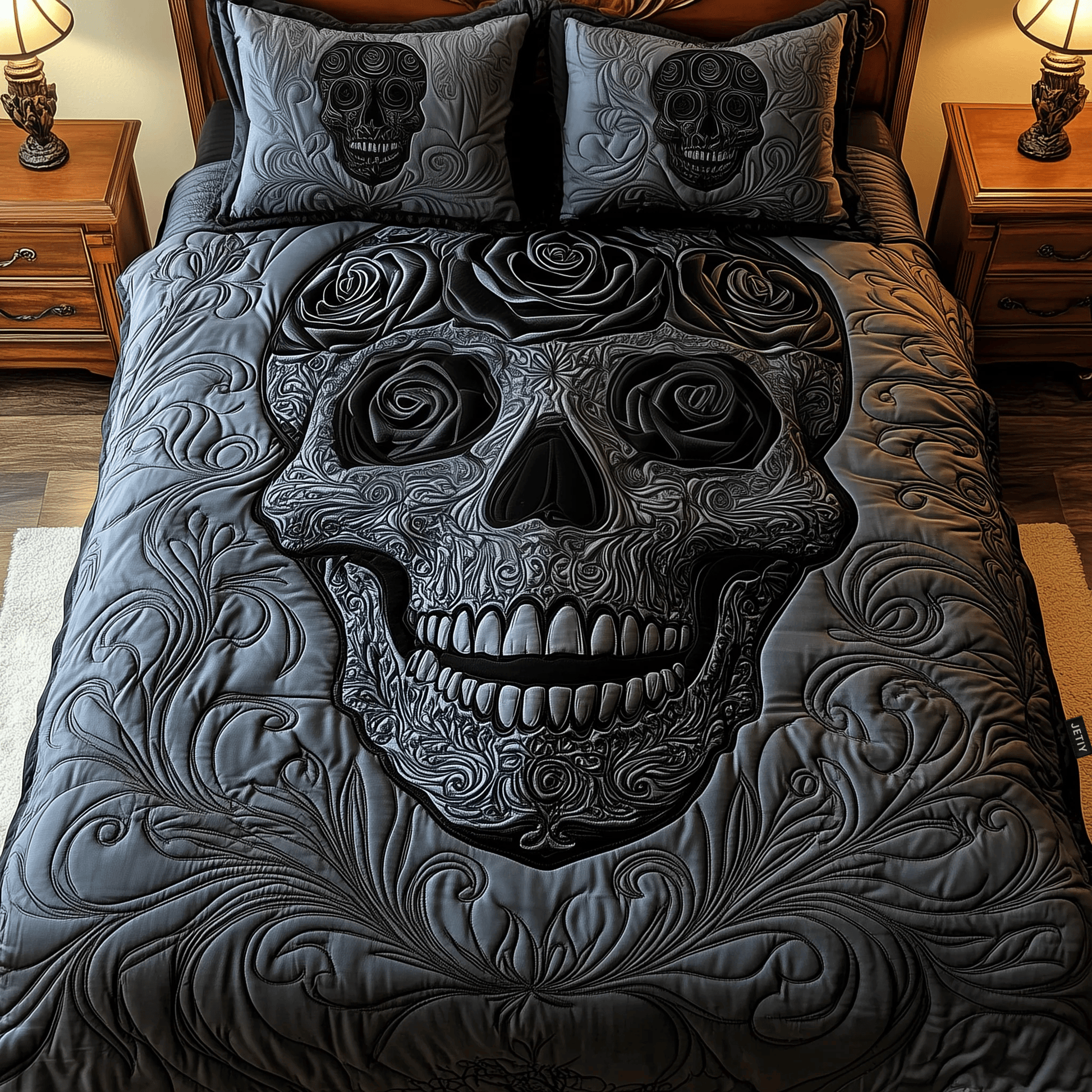 Black Rose Skull Quilted Bedding Set Stay warm this winter Secret Santa Gifts - Bancroftclothings