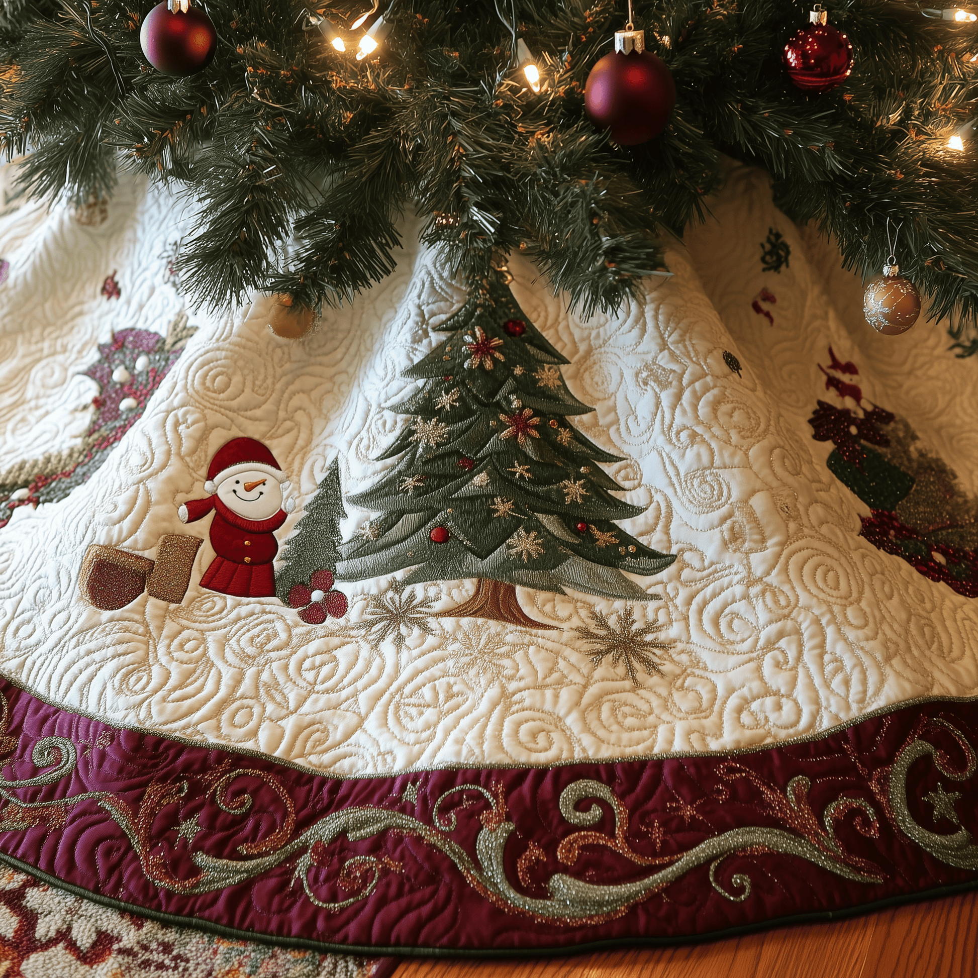Burgundy Snowmen Quilted Tree Skirt Celebrate the Season Safely with a Durable Tree Skirt - Bancroftclothings