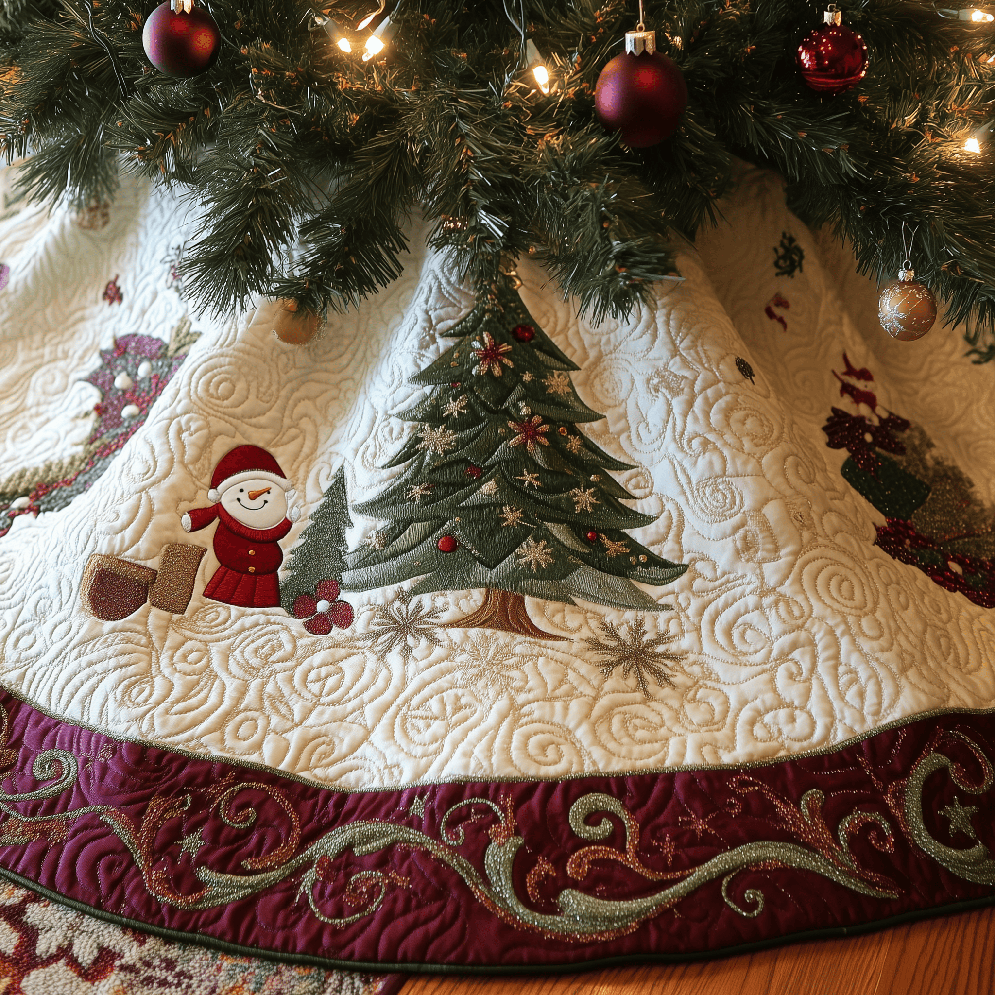 Burgundy Snowmen Quilted Tree Skirt Celebrate the Season Safely with a Durable Tree Skirt - Bancroftclothings