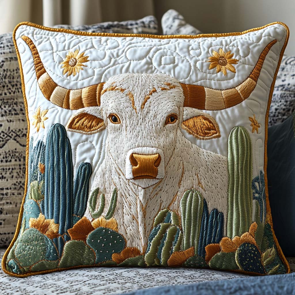 Cactus Longhorn Quilted Pillow Case Animal Home Decor Cow Lover Gifts - Bancroftclothings