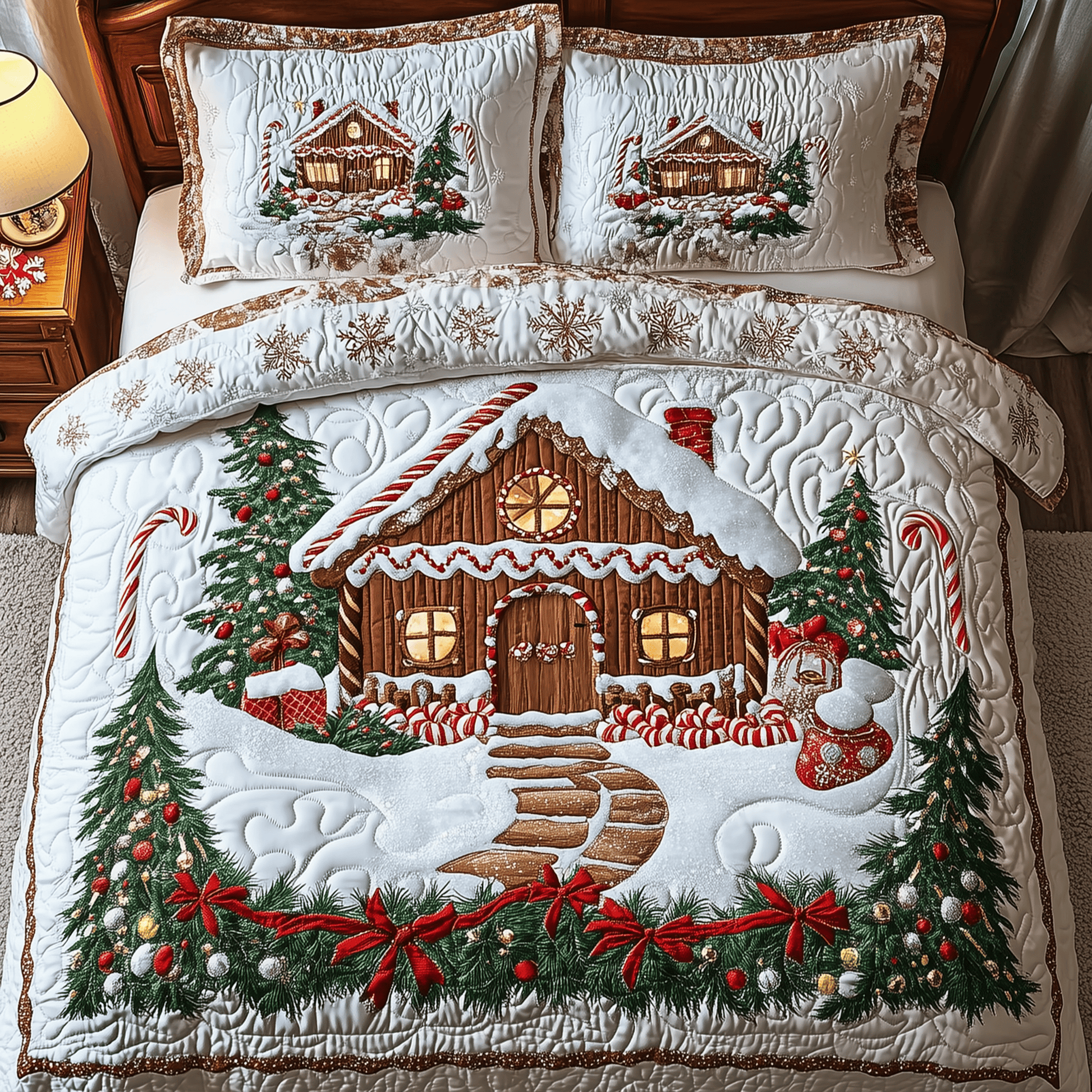 Candy Canes Cabin Quilted Bedding Set Stay warm this winter Christmas Gifts For Grandparents - Bancroftclothings