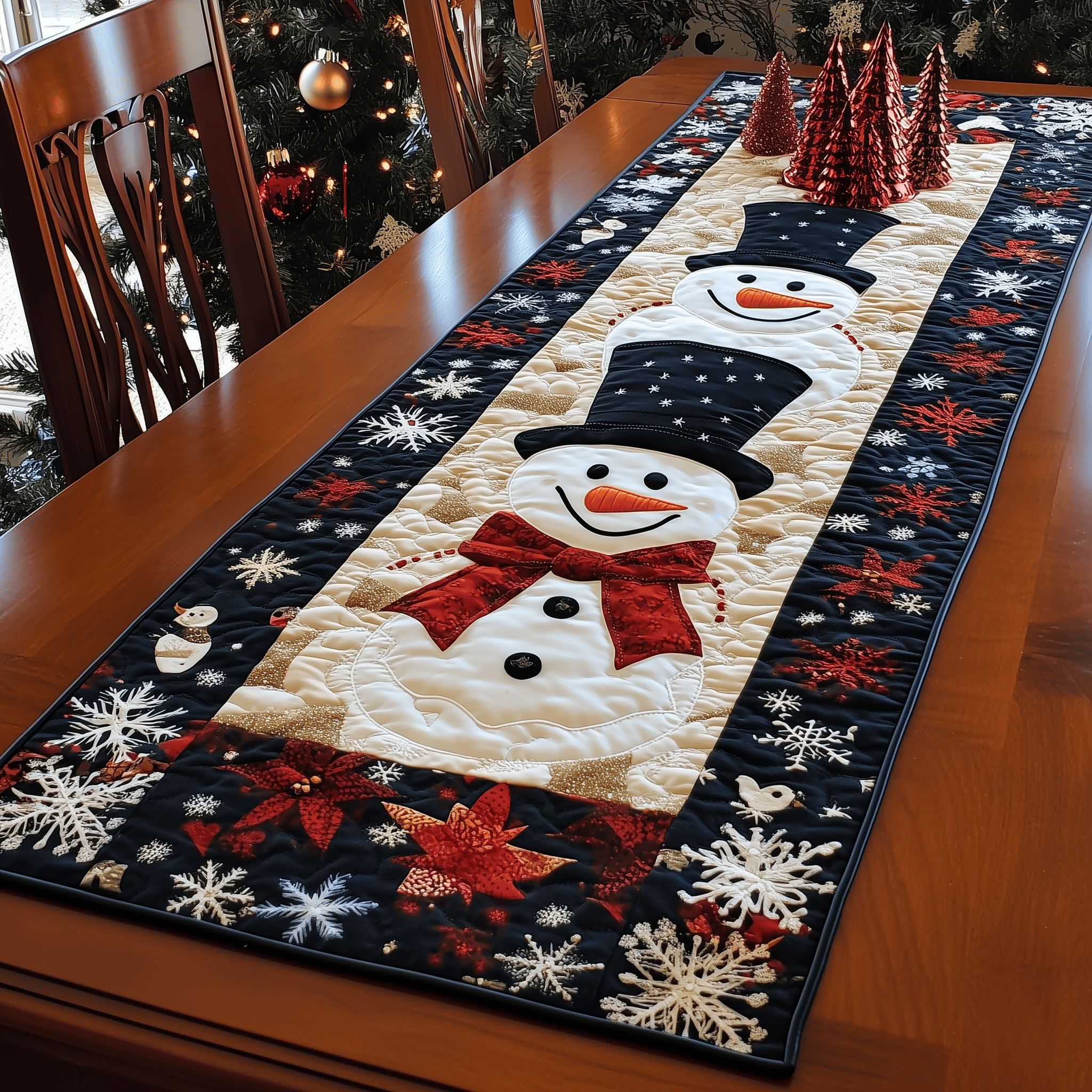Cheerful Snowman Quilted Table Runner Christmas Holiday Dining Table Runner Decorations Xmas Gifts 2025 - Bancroftclothings