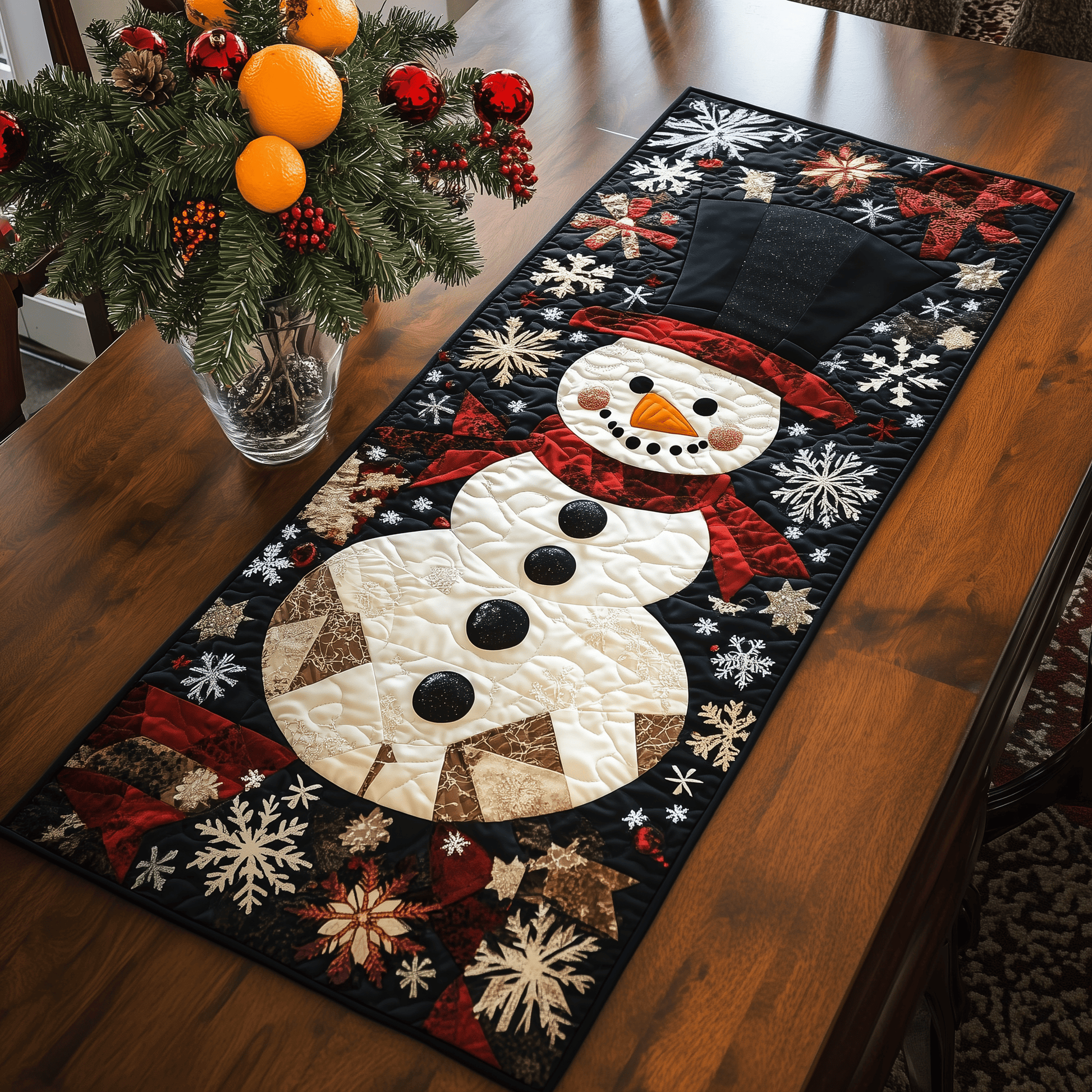 Cheerful Snowman Quilted Table Runner Christmas Holiday Dining Xmas Table Runner Indoor Decorations - Bancroftclothings