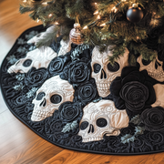 Christmas Black Rose Skull Quilted Tree Skirt Holiday Season Merch - Bancroftclothings