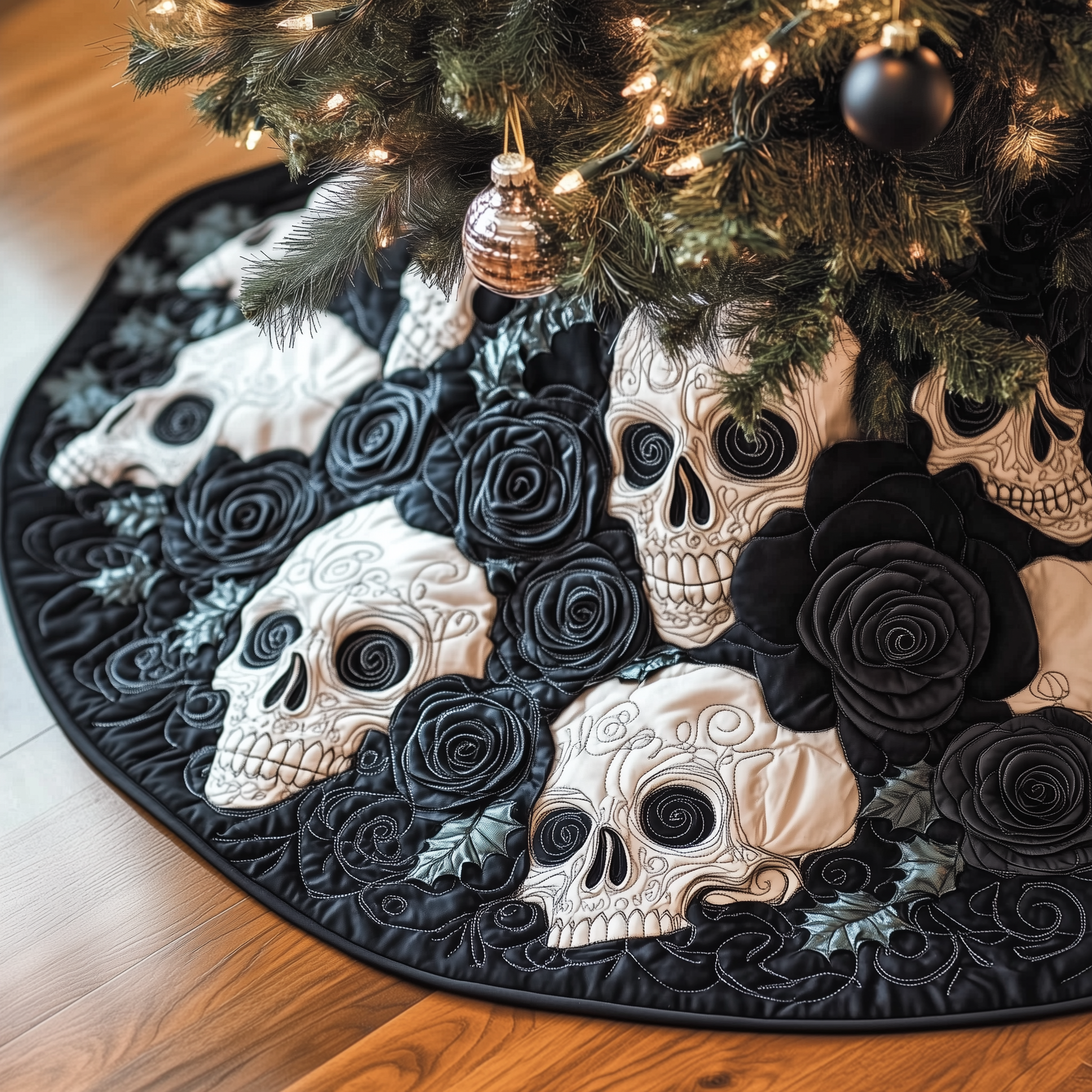 Christmas Black Rose Skull Quilted Tree Skirt Holiday Season Merch - Bancroftclothings