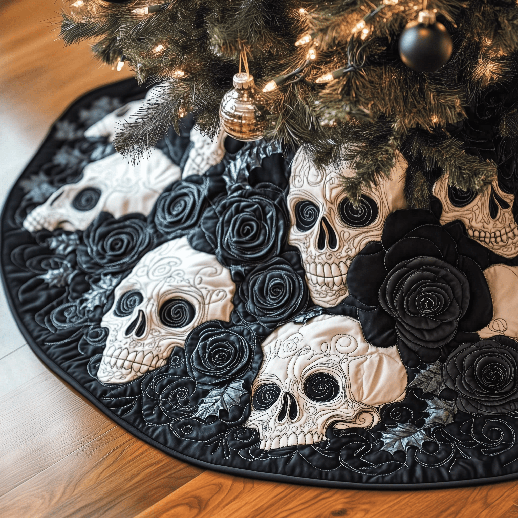 Christmas Black Rose Skull Quilted Tree Skirt Holiday Season Merch - Bancroftclothings