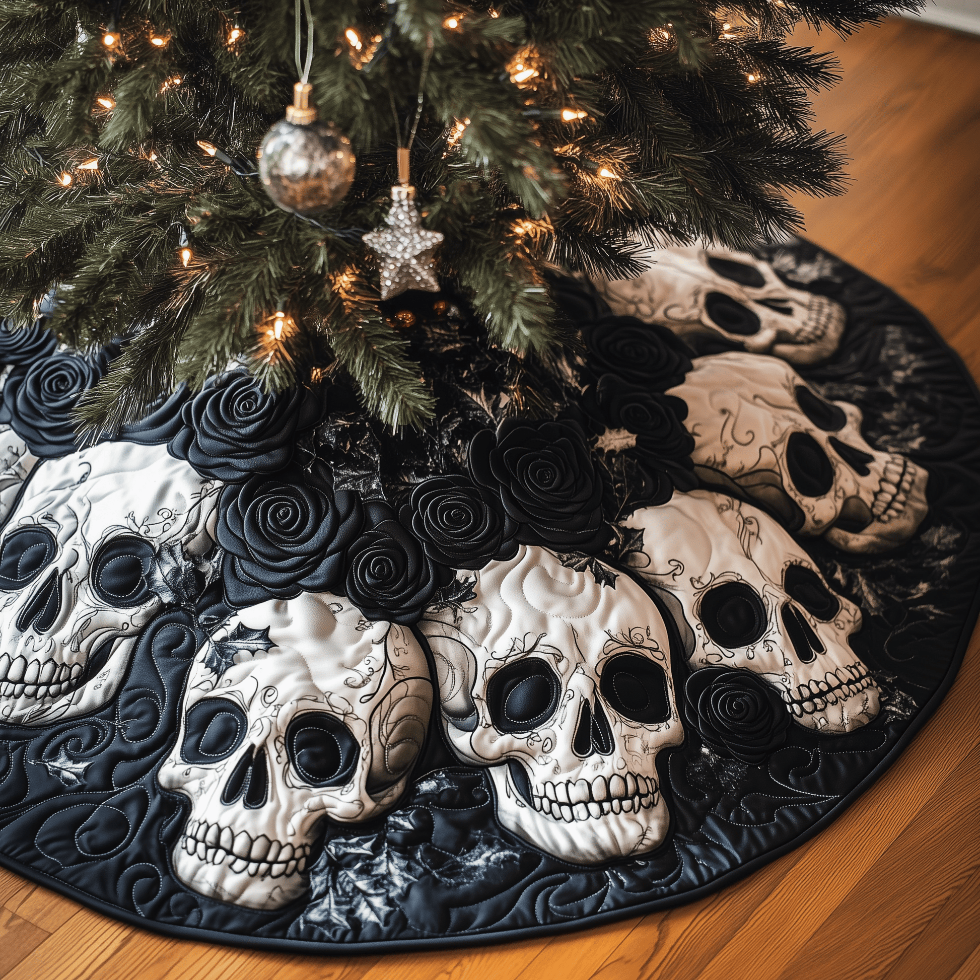 Christmas Black Rose Skull Quilted Tree Skirt Holiday Tree Skirt Xmas Tree Surround Base Cover Decorations - Bancroftclothings