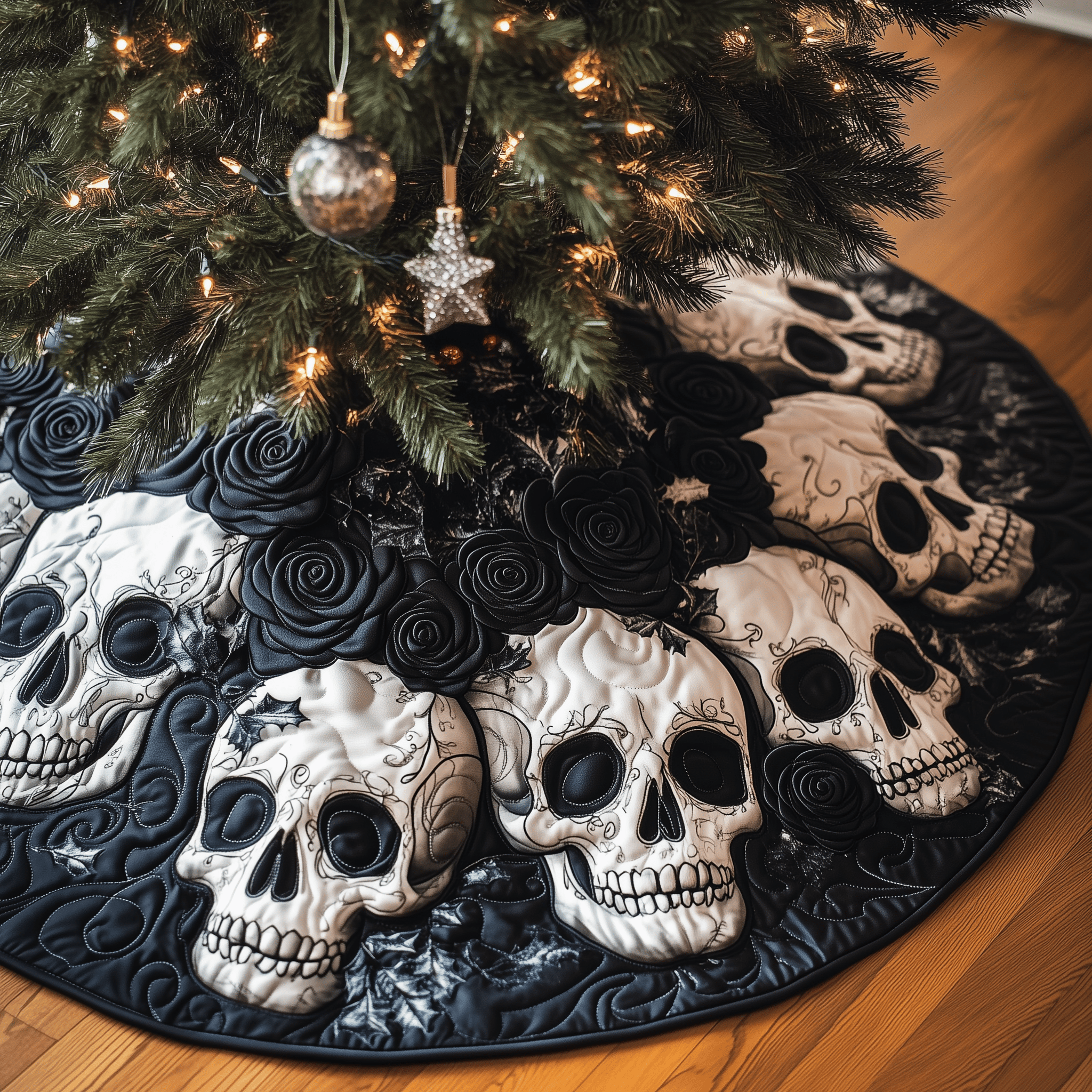 Christmas Black Rose Skull Quilted Tree Skirt Holiday Tree Skirt Xmas Tree Surround Base Cover Decorations - Bancroftclothings