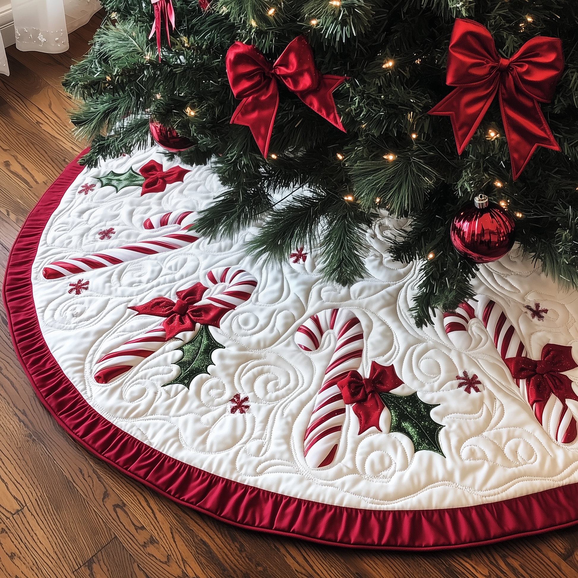 Christmas Candy Canes Quilted Tree Skirt Halloween Merch Gift - Bancroftclothings