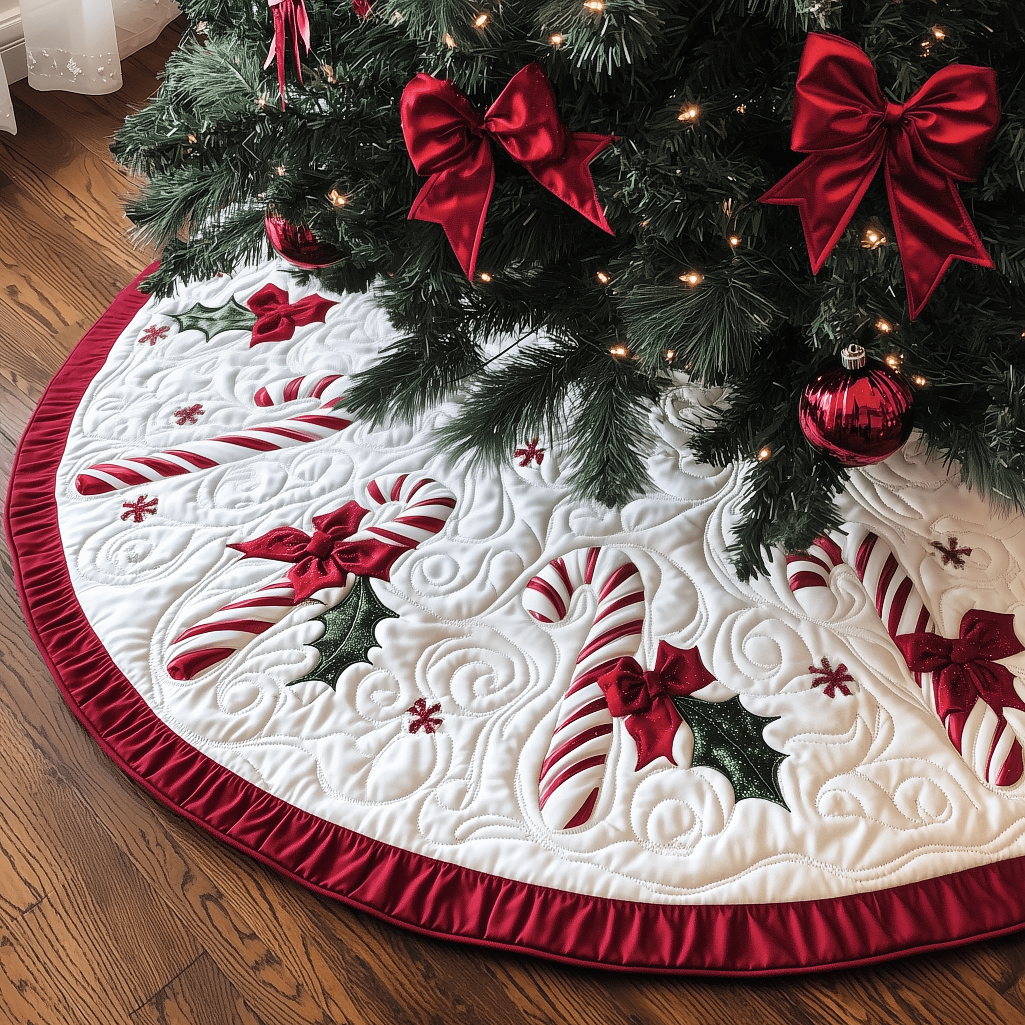 Christmas Candy Canes Quilted Tree Skirt Halloween Merch Gift - Bancroftclothings