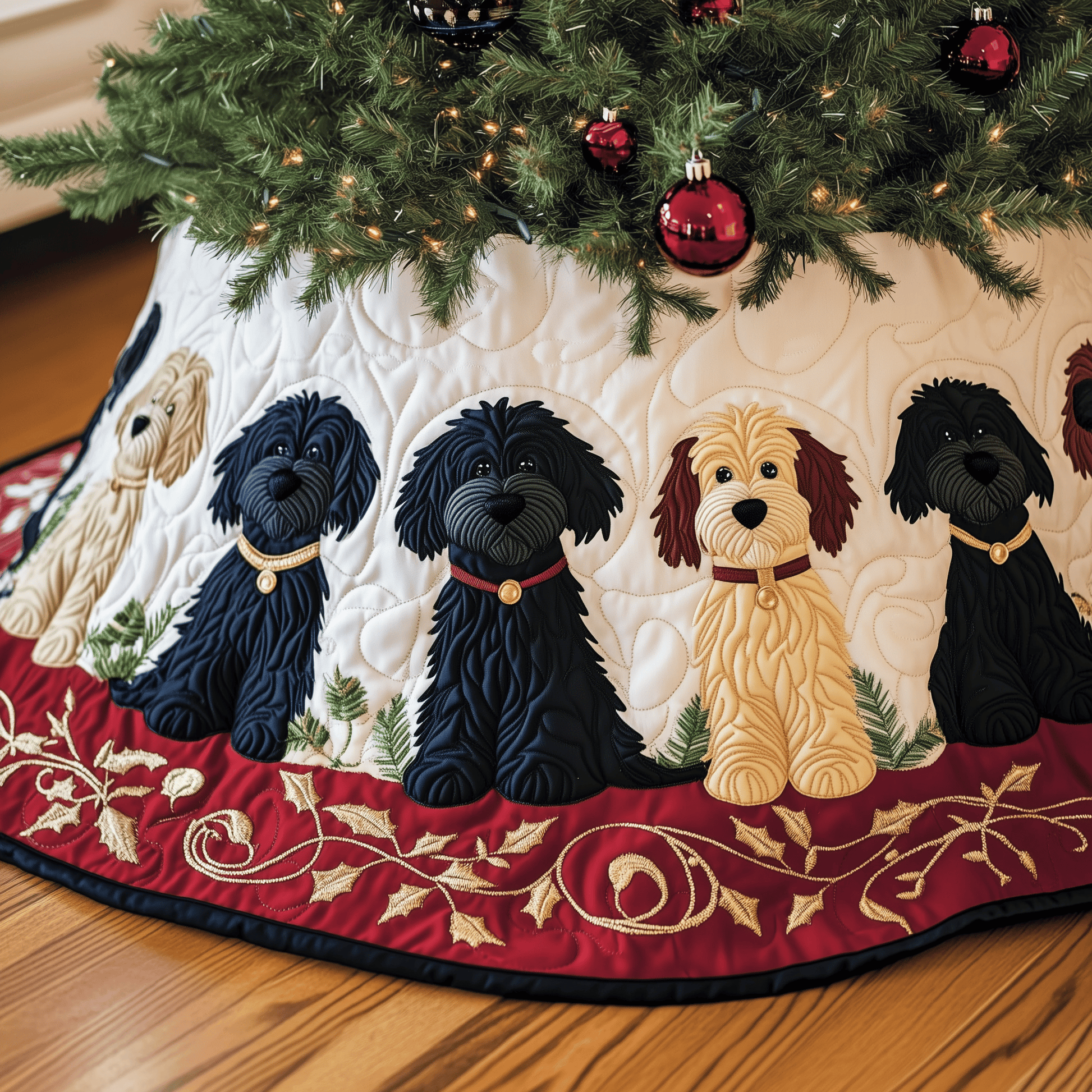 Christmas Doodle Dog Quilted Tree Skirt A Tree Skirt That Embodies the Joy of Christmas - Bancroftclothings