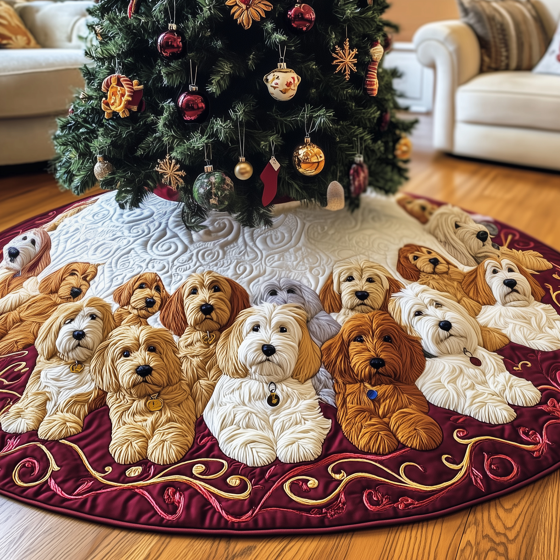 Christmas Goldendoodle Quilted Tree Skirt Bring the Whole Family Together with Protective Holiday Decor - Bancroftclothings