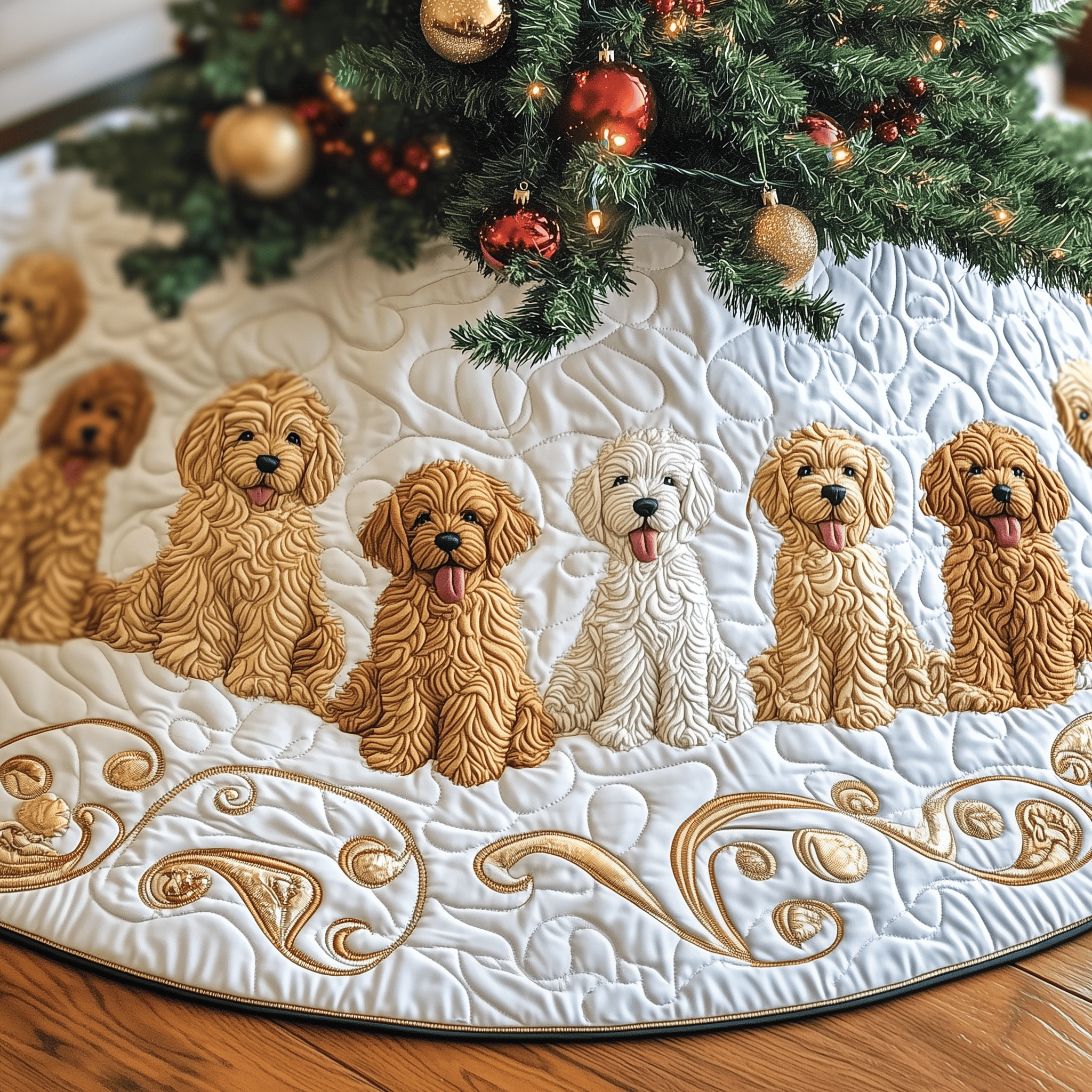 Christmas Goldendoodle Quilted Tree Skirt Feel the Comfort of Christmas with a Durable Tree Skirt - Bancroftclothings