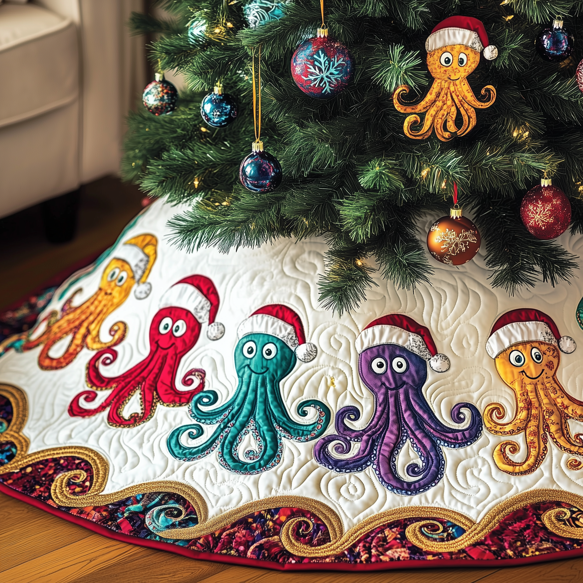 Christmas Joyful Octopus Quilted Tree Skirt Feel the Holiday Spirit with a Safe and Chic Tree Skirt - Bancroftclothings