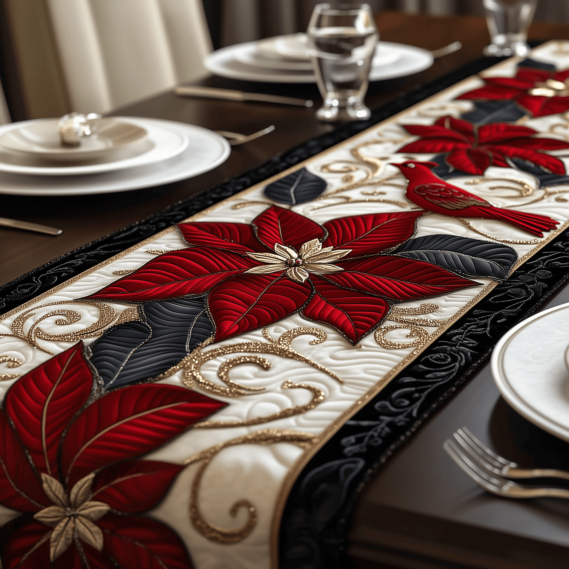 Christmas Poinsettias Quilted Table Runner Brighten Your Table with Floral Charm - Bancroftclothings