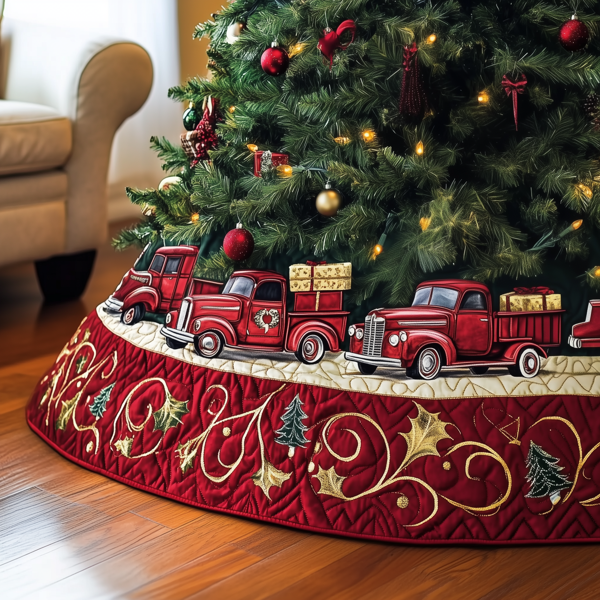 Christmas Red Truck Quilted Tree Skirt Perfect Gift Merch For Her - Bancroftclothings