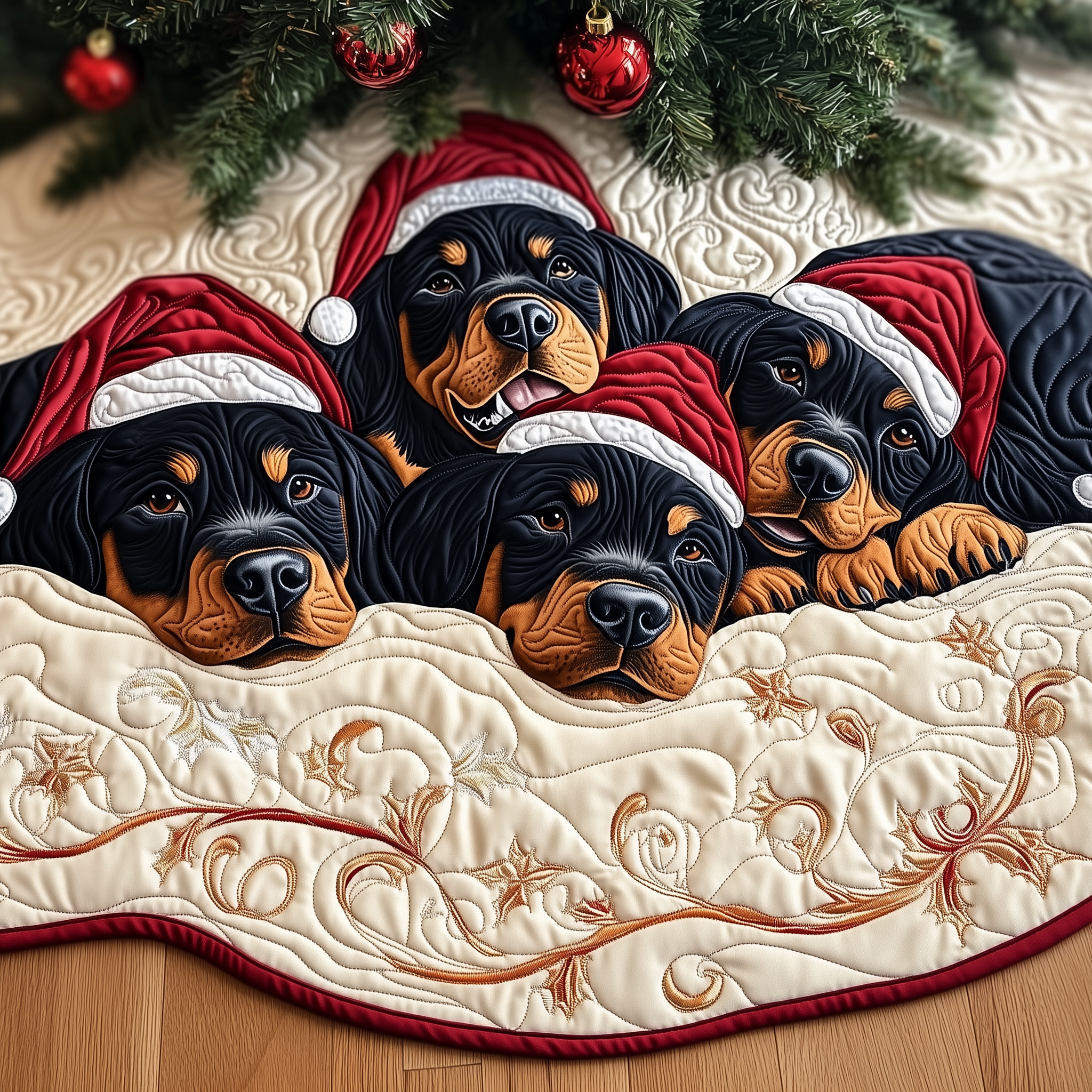 Christmas Rottweiler Quilted Tree Skirt Cozy Home Decor Gift Merch - Bancroftclothings