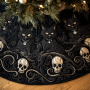 Christmas Skull And Black Cat Quilted Tree Skirt Thoughtful Gift Merch For Dad - Bancroftclothings