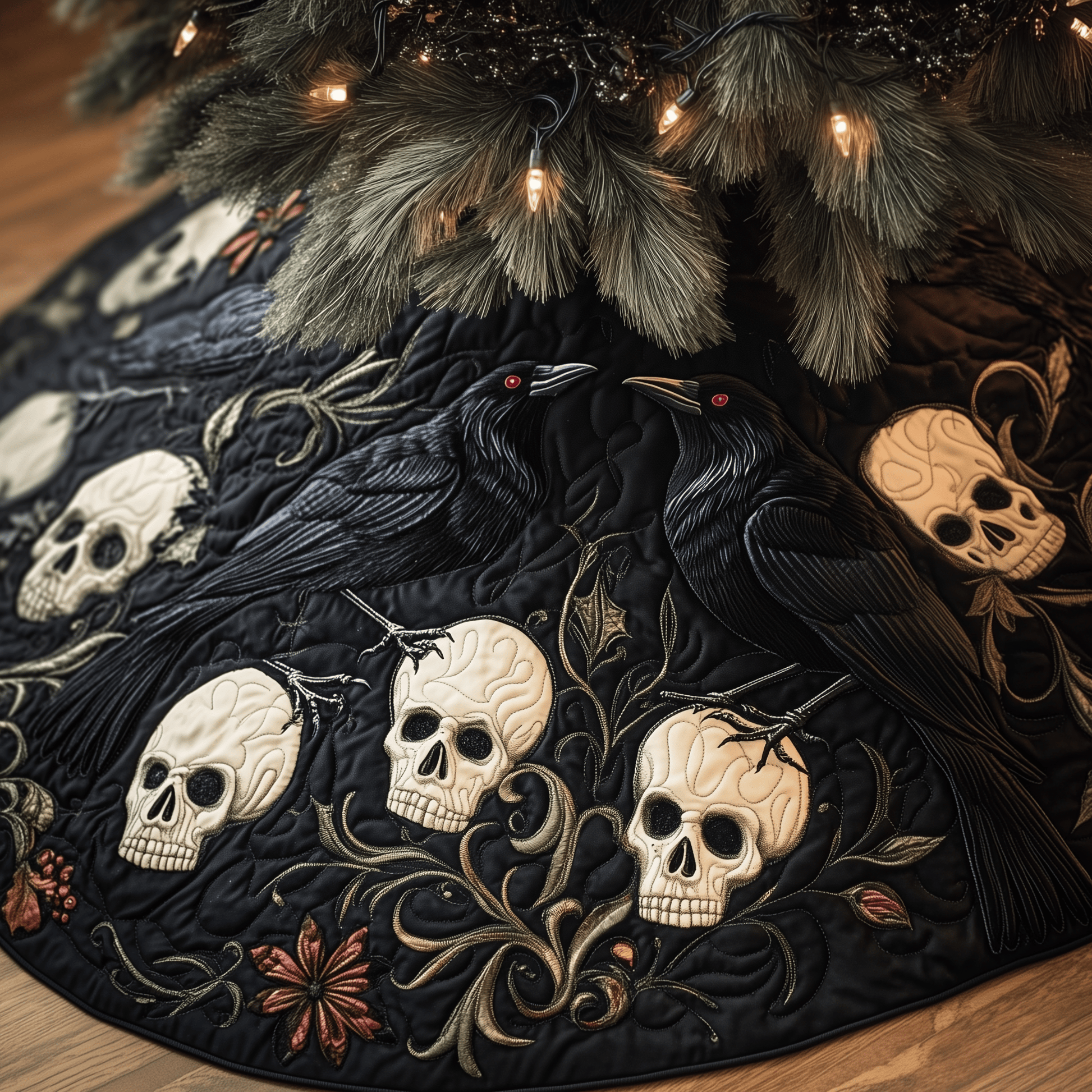 Christmas Skull And Black Crow Quilted Tree Skirt Feel the Calm of Christmas with Durable Tree Decor - Bancroftclothings