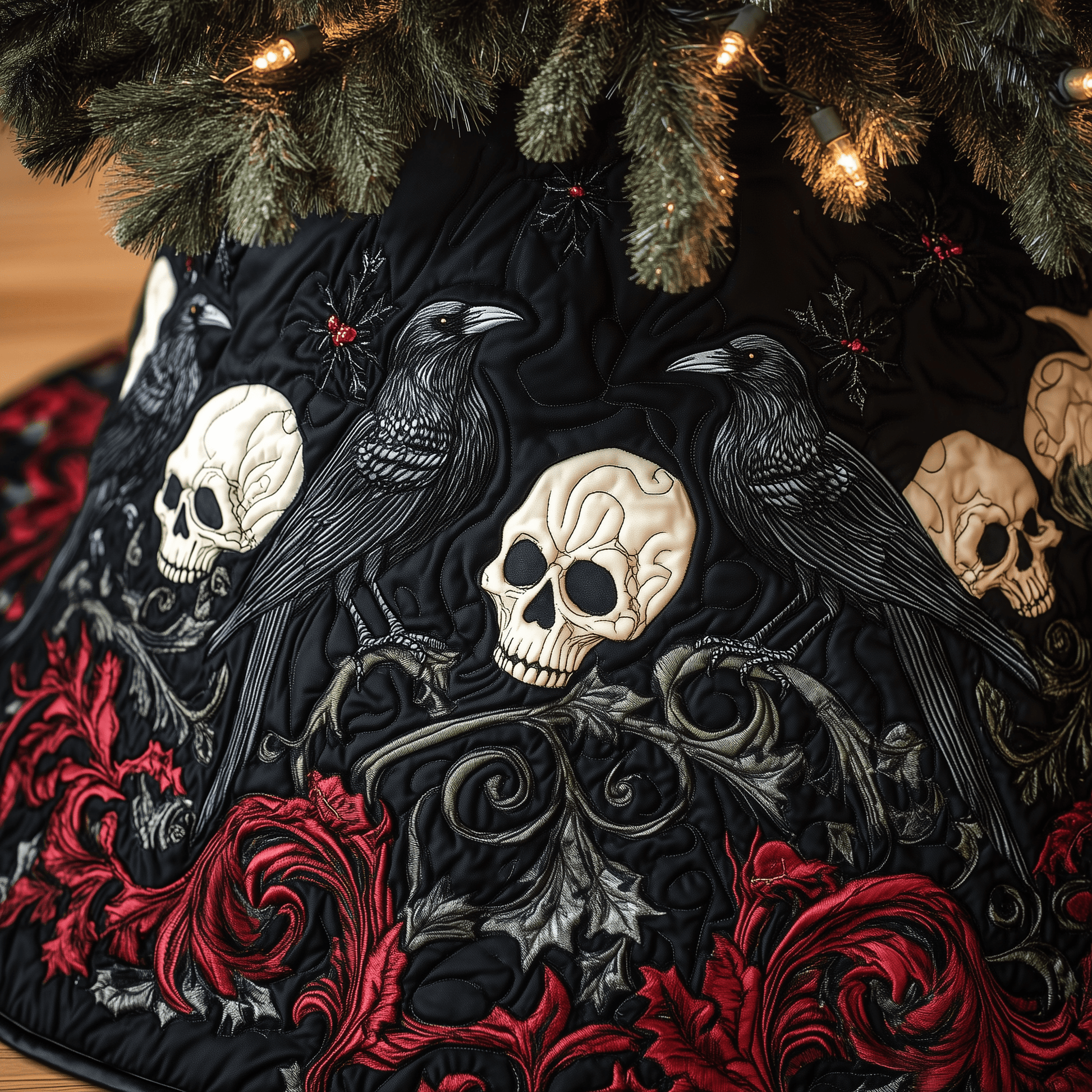Christmas Skull And Black Crow Quilted Tree Skirt Heartwarming Family Gathering Merch - Bancroftclothings