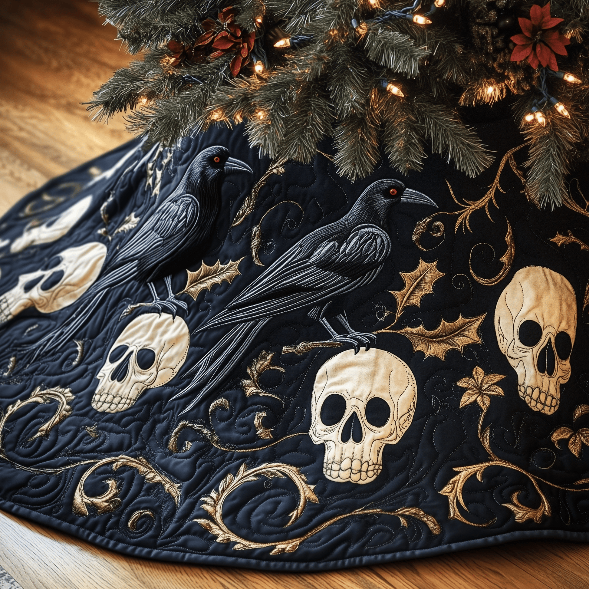 Christmas Skull And Black Crow Quilted Tree Skirt Make Christmas Simple and Stylish with Protective Decor - Bancroftclothings