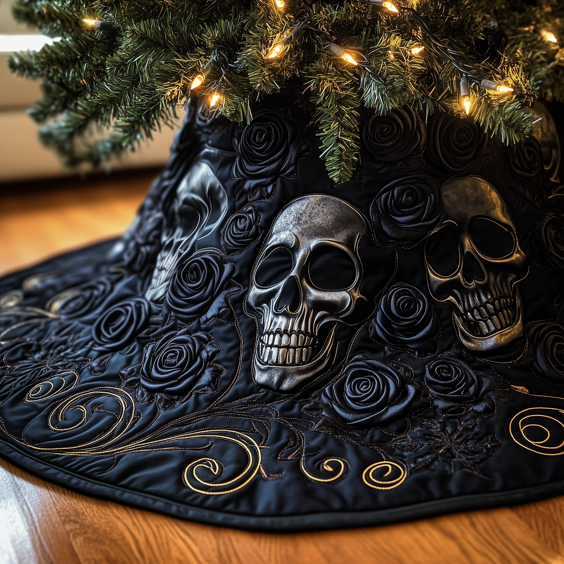 Christmas Skull Quilted Tree Skirt Holiday Tree Skirt Must-Have - Bancroftclothings