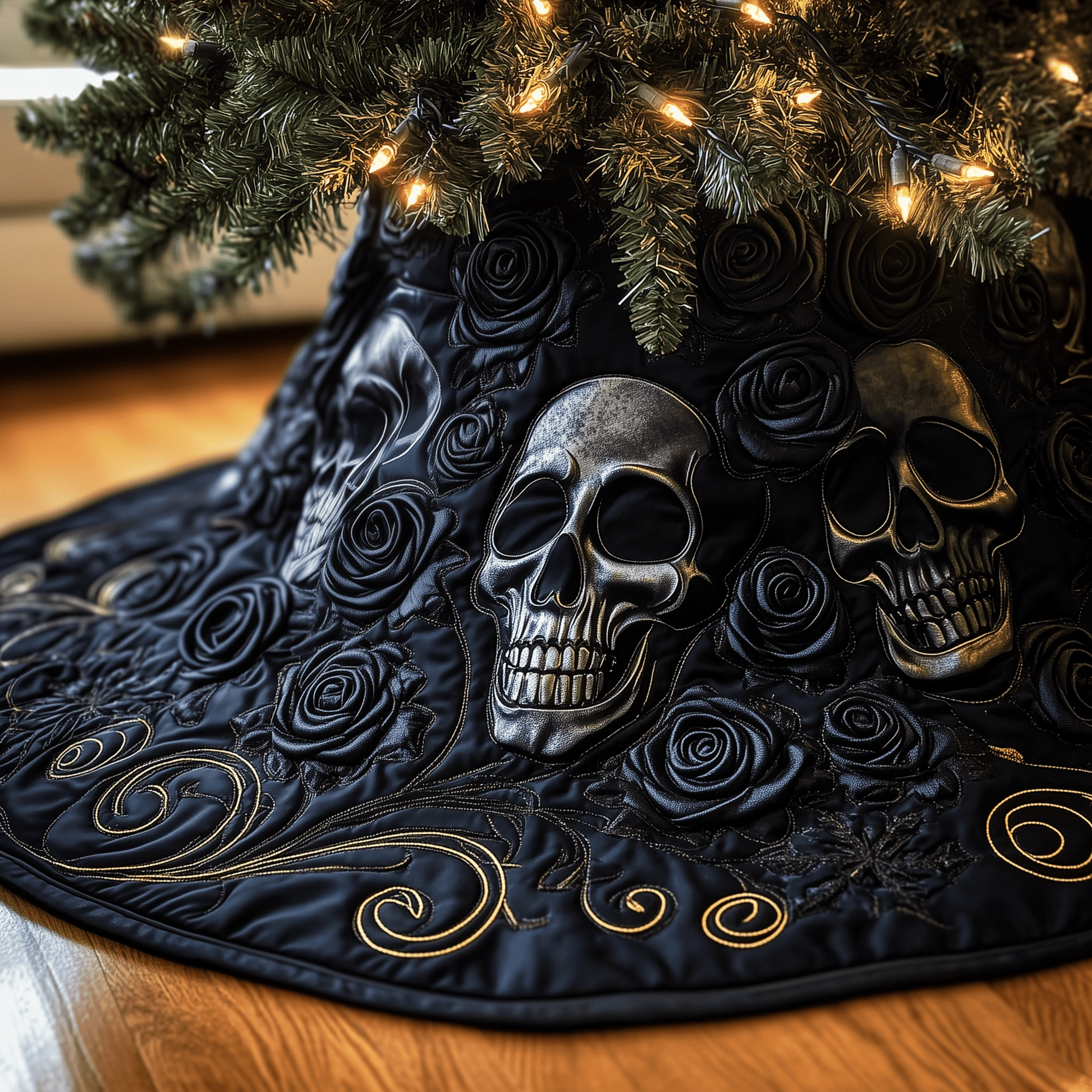 Christmas Skull Quilted Tree Skirt Holiday Tree Skirt Must-Have - Bancroftclothings