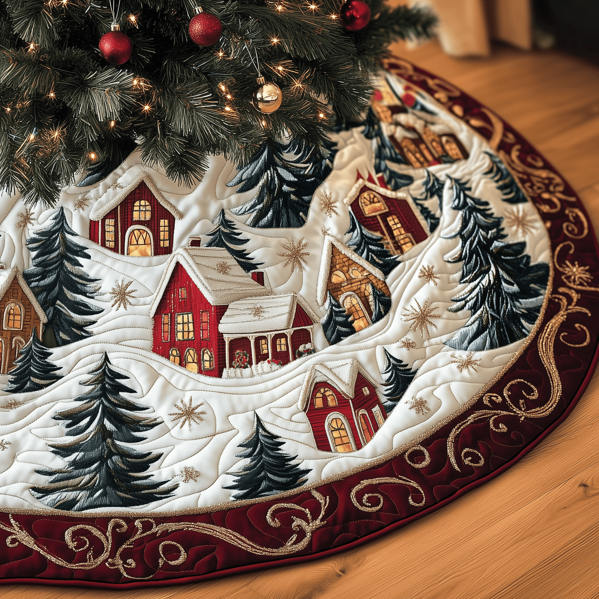 Christmas Village Quilted Tree Skirt Heartwarming Family Gathering Merch - Bancroftclothings