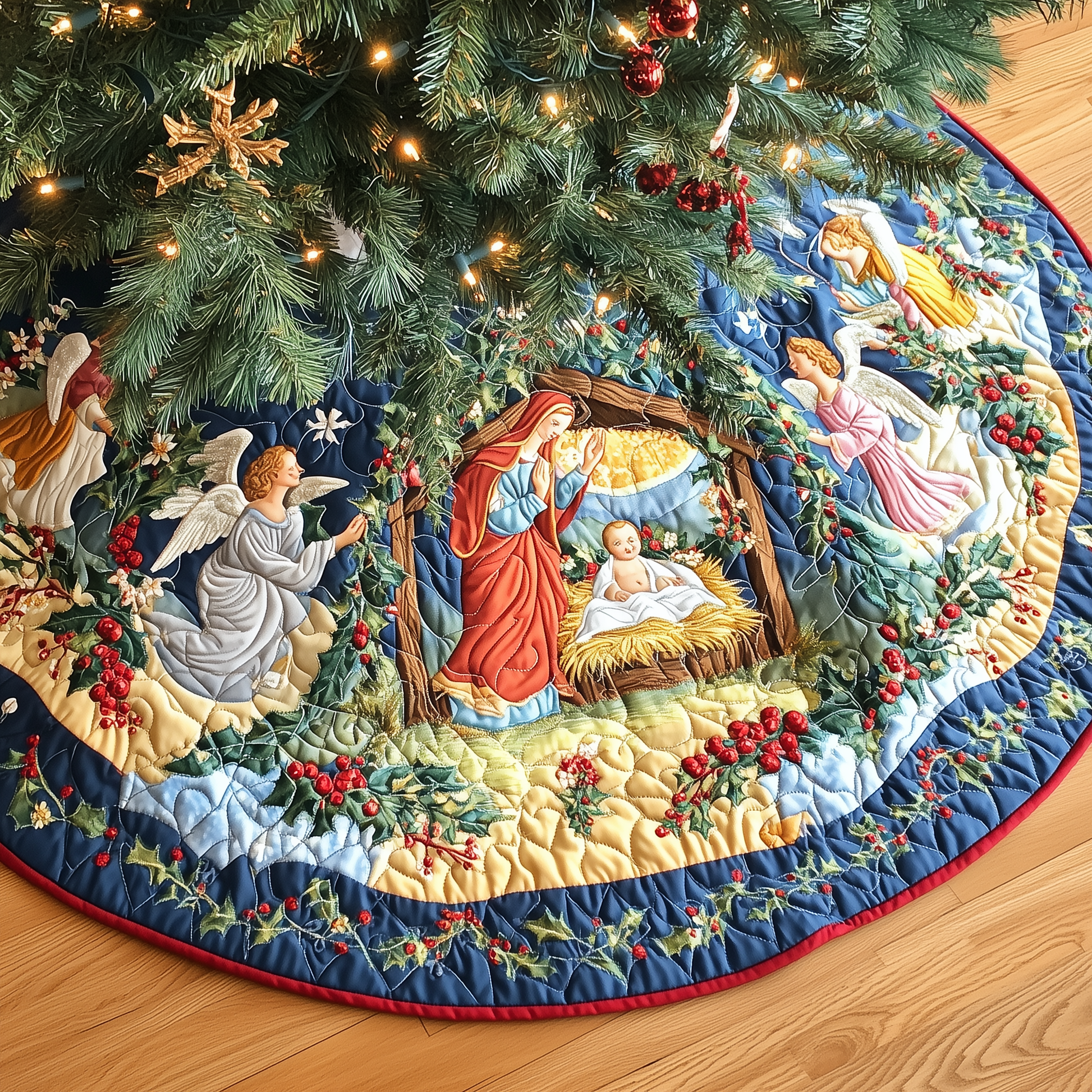 Christ's Arrival Quilted Tree Skirt Feel the Love of the Season Under Your Christmas Tree - Bancroftclothings