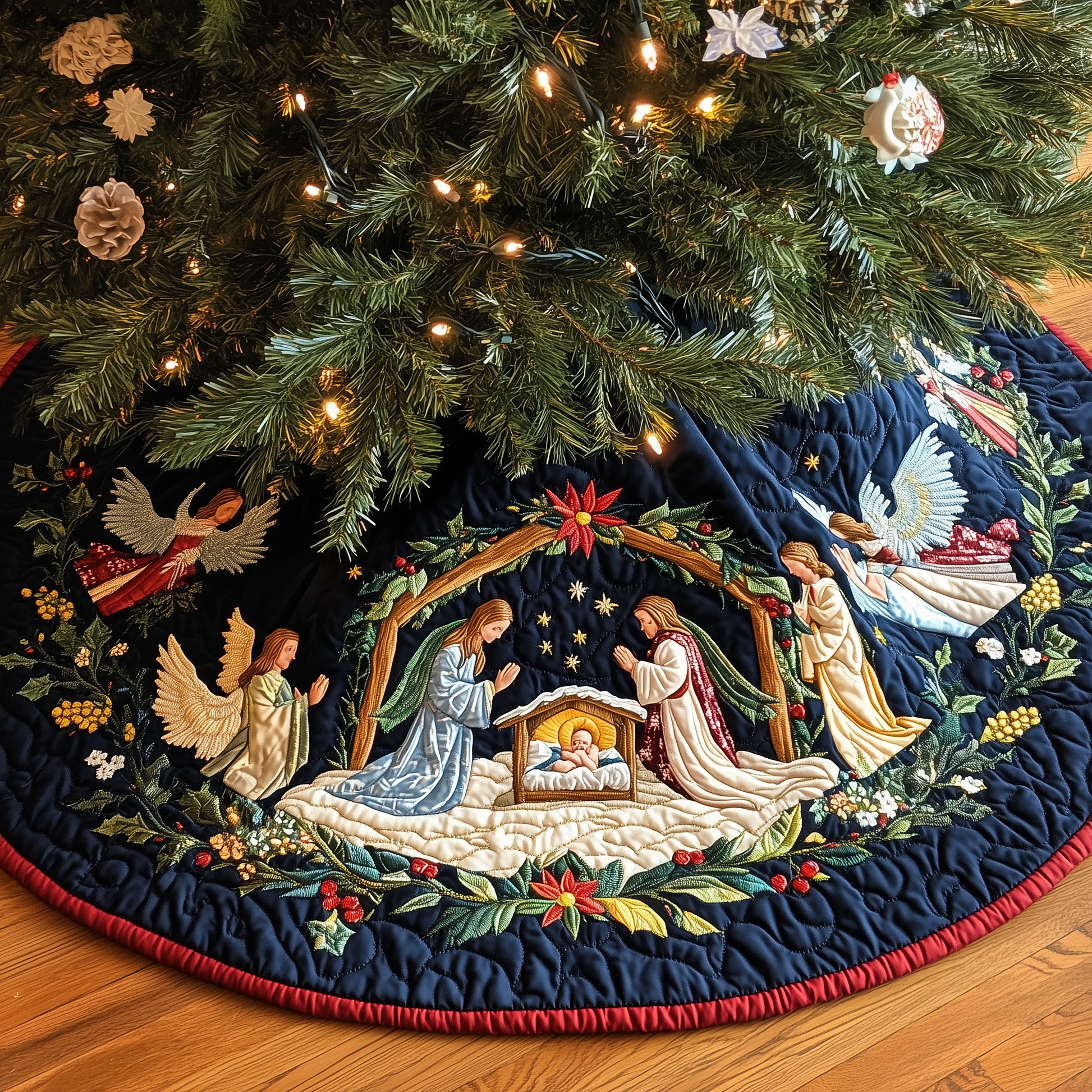 Christ's Arrival Quilted Tree Skirt Indoor Xmas Tree Decorations Nativity Scene Home Decorations - Bancroftclothings