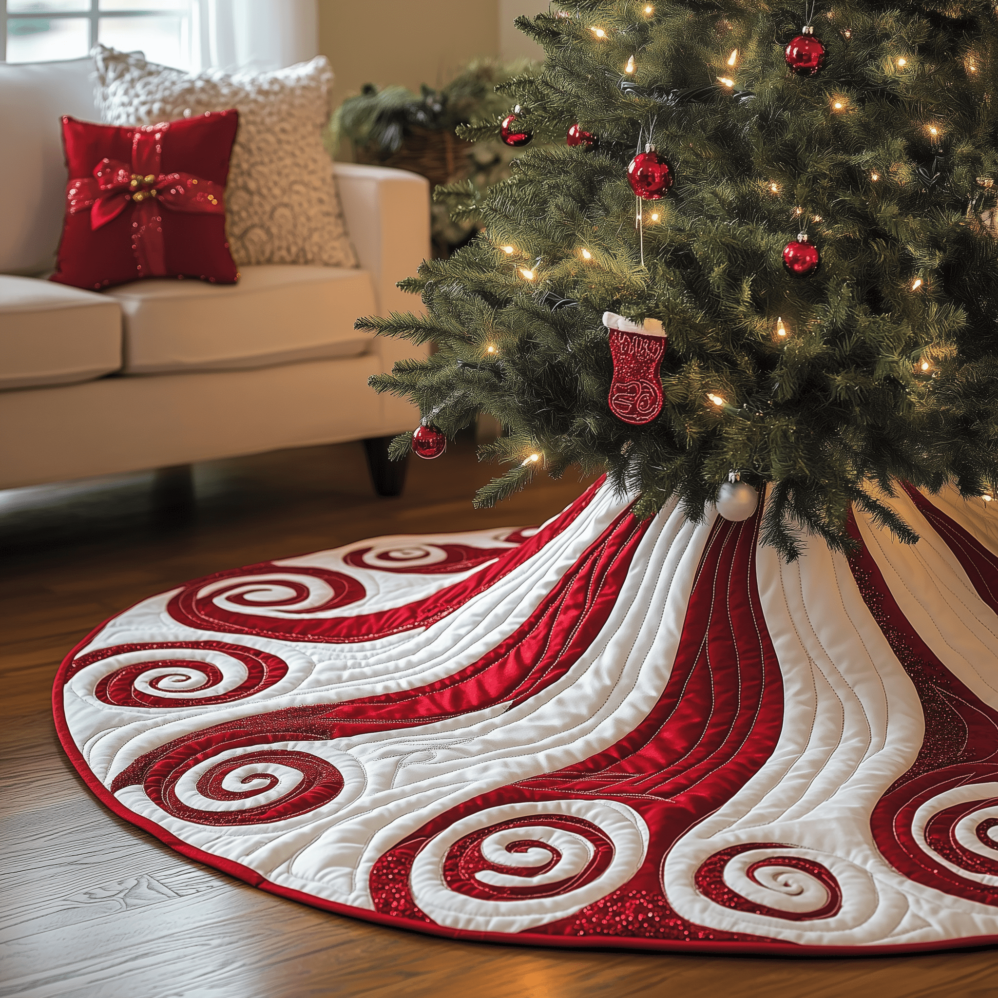 Classic Peppermint Candy Quilted Tree Skirt Beautiful Christmas Home Merch - Bancroftclothings