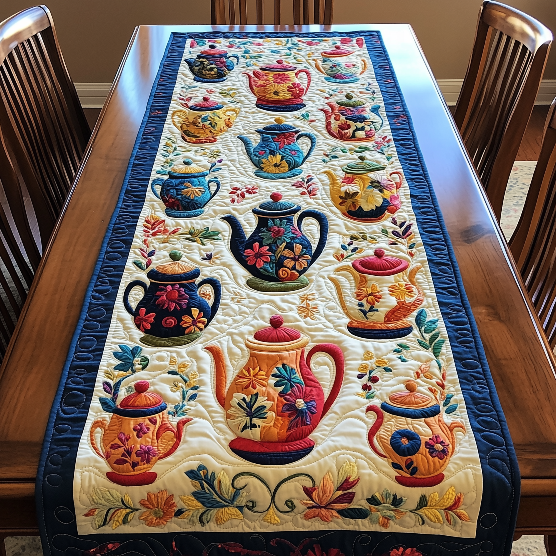 Colorful Teapots Quilted Table Runner Decorations Themed Merchandise Tea Holiday Gifts - Bancroftclothings