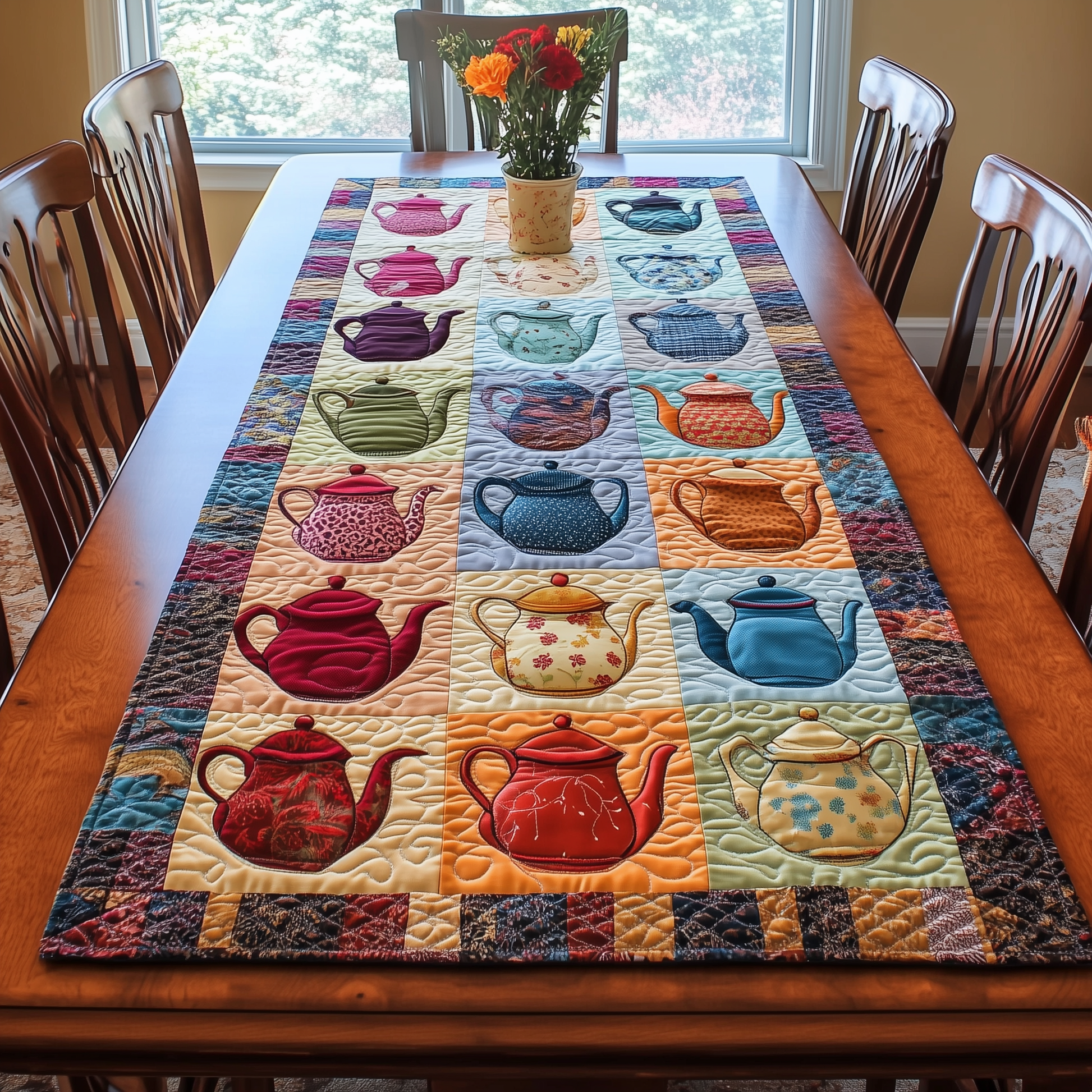 Colorful Teapots Quilted Table Runner Modern Dining Table Runner Holiday Tea Gifts - Bancroftclothings