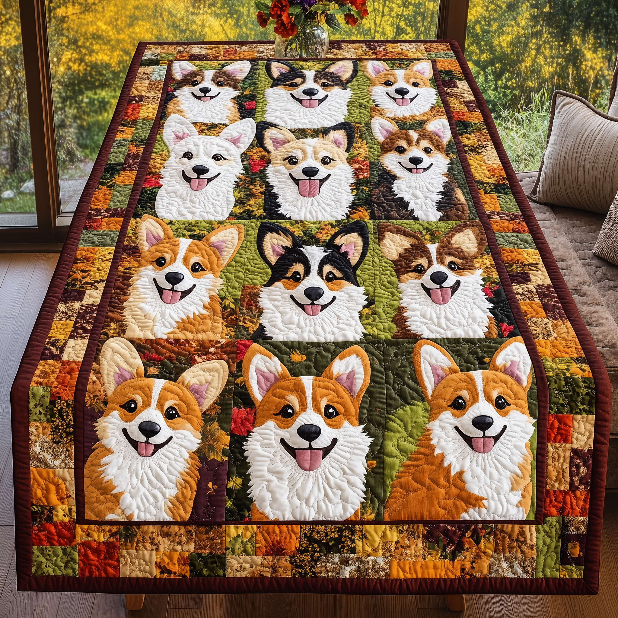 Corgi Autumn Vibe Quilted Table Runner Cute Decorarions Dog Lover Corgi Gifts For Her - Bancroftclothings