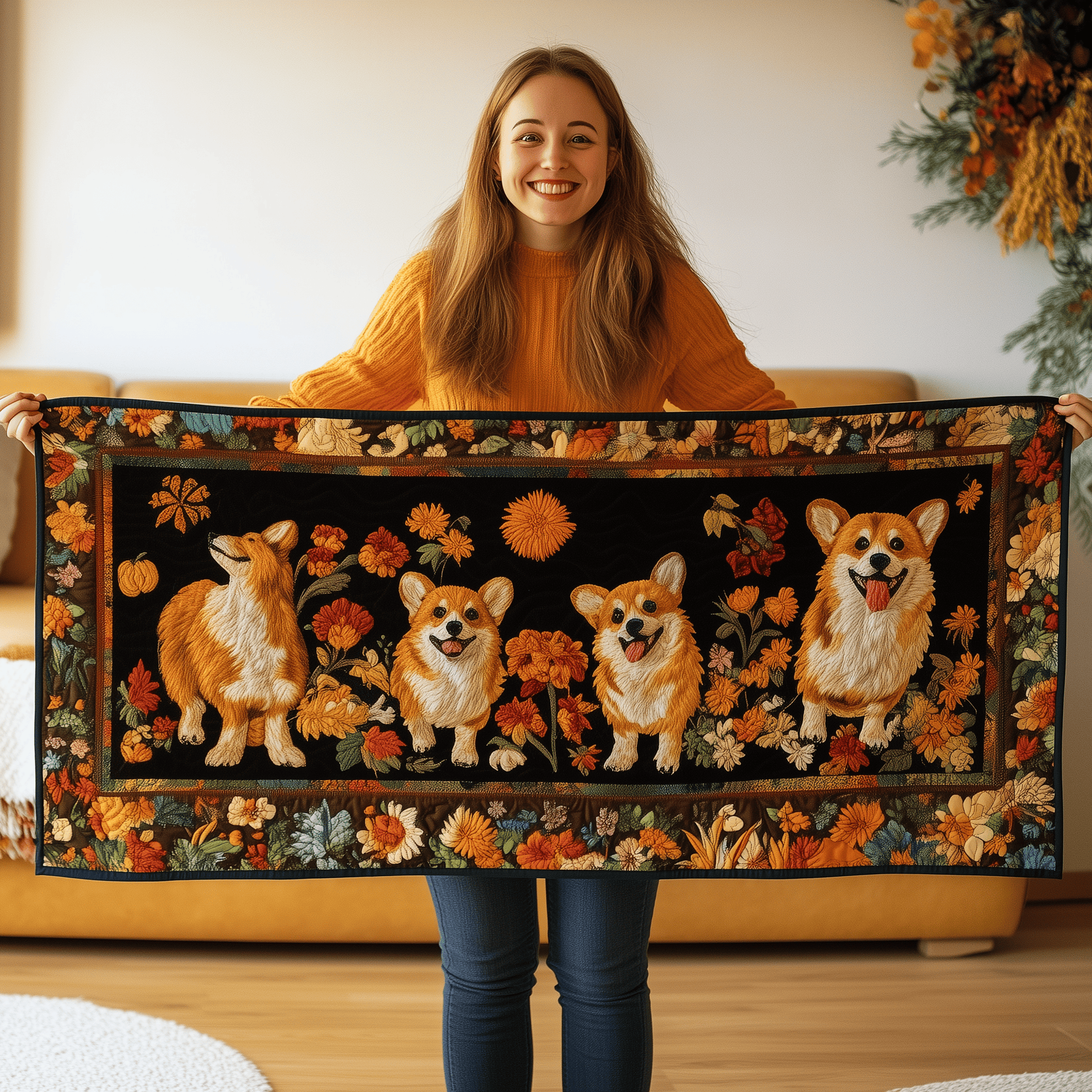 Corgi Autumn Vibe Quilted Table Runner Cute Decorarions Dog Lover Corgi Gifts For HIm - Bancroftclothings