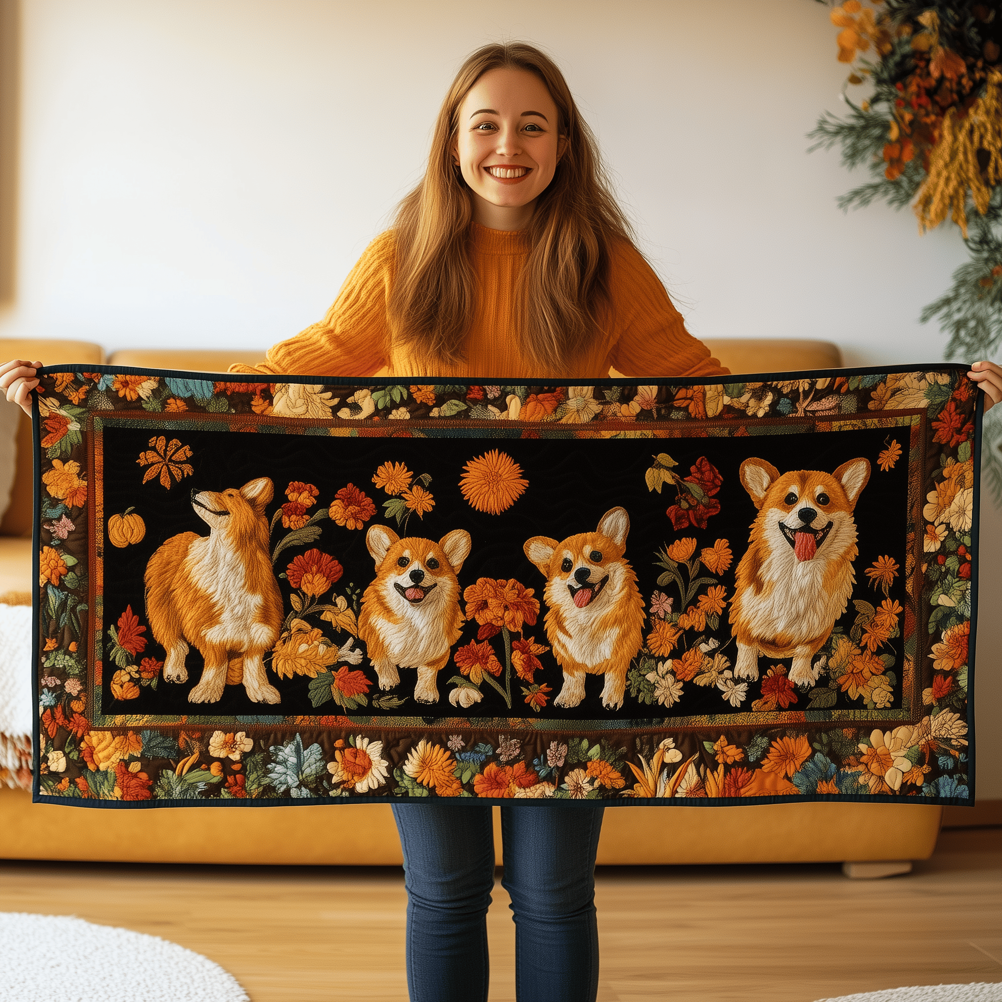 Corgi Autumn Vibe Quilted Table Runner Cute Decorarions Dog Lover Corgi Gifts For HIm - Bancroftclothings