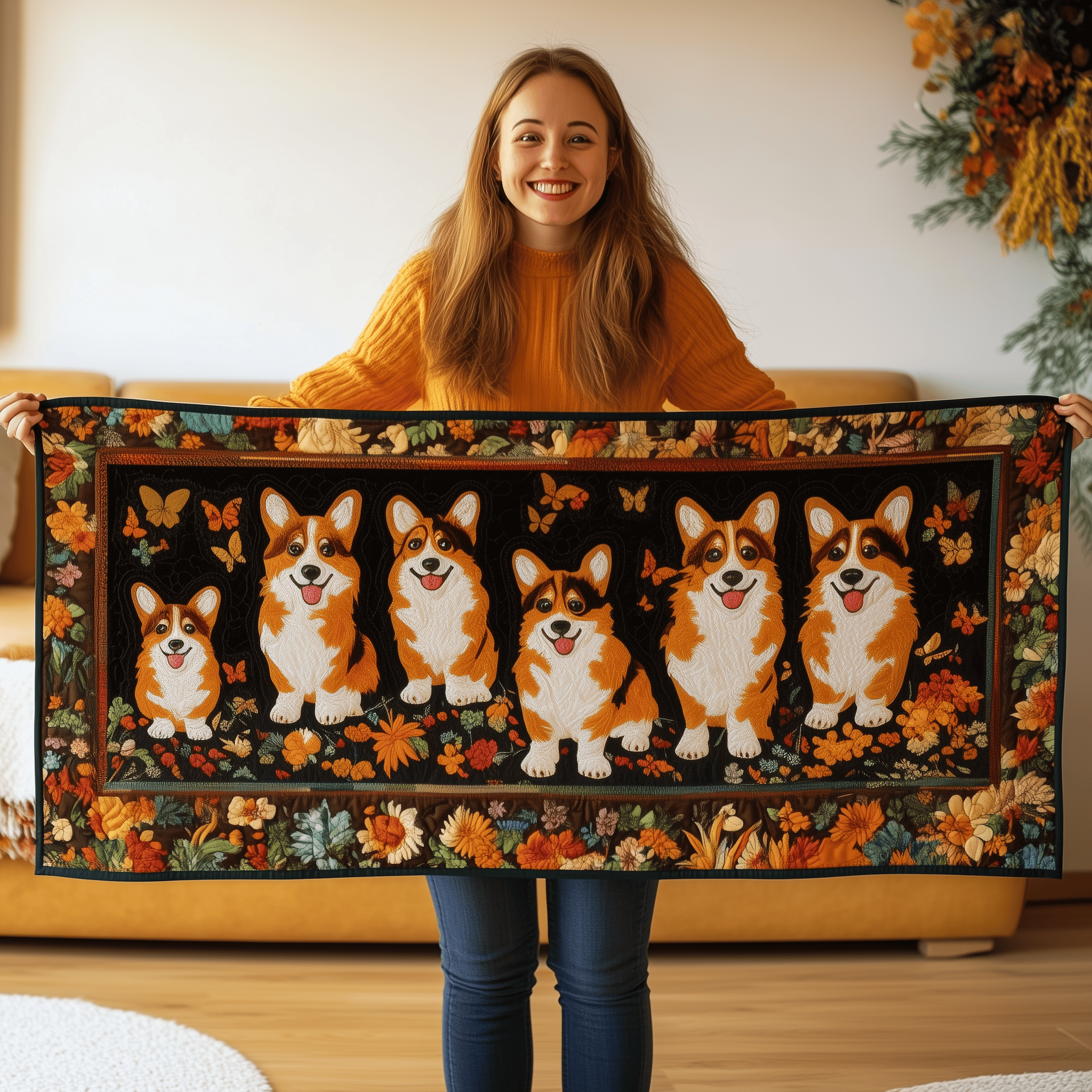 Corgi Autumn Vibe Quilted Table Runner Cute Indoor Decorations Corgi Lovers Gifts - Bancroftclothings