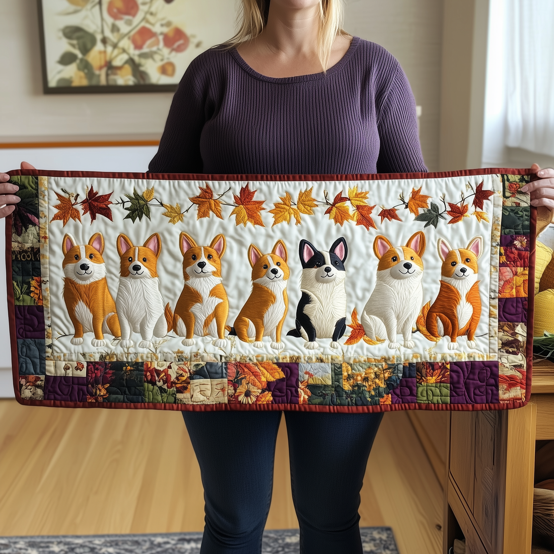 Corgi Autumn Vibe Quilted Table Runner Cute Modern Table Runner Items Xmas Gifts For Corgi Lovers - Bancroftclothings