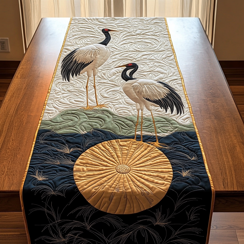 Cranes in Moon Night Quilted Table Runner Best Christmas Gifts For Couples Housewarning - Bancroftclothings