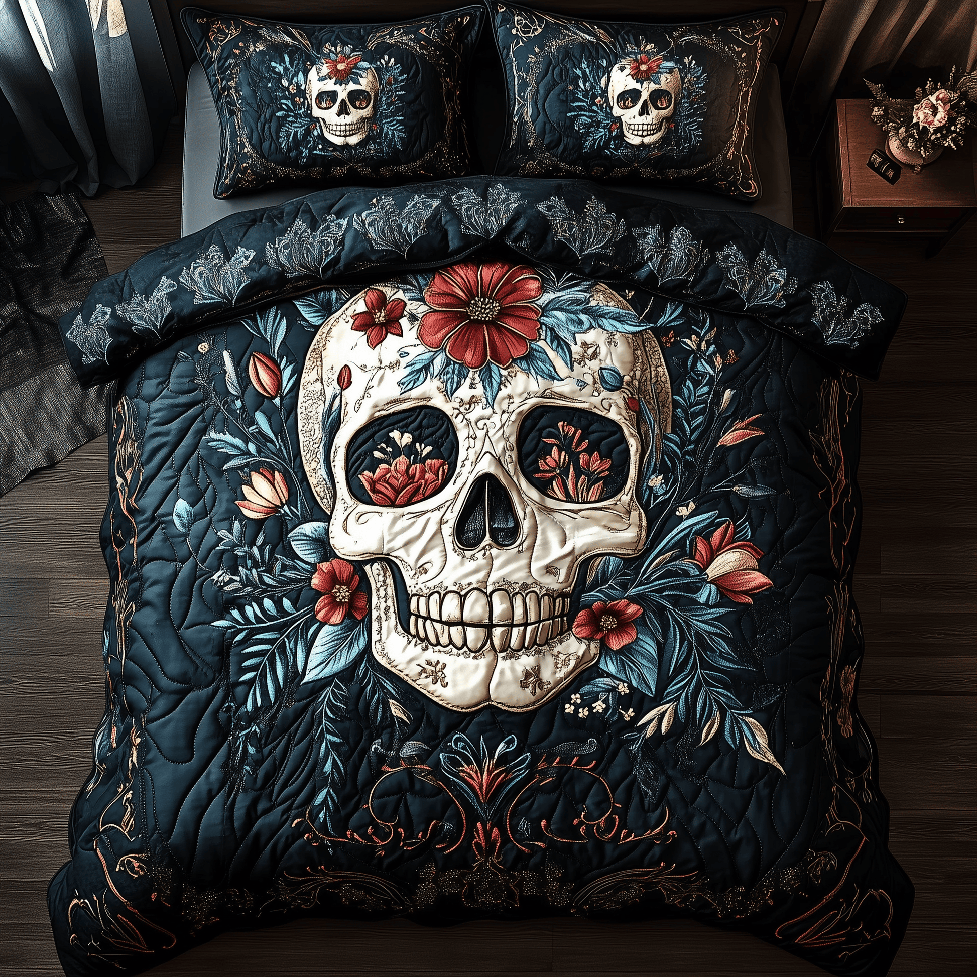 Cyan Vintage Skull Quilted Bedding Set Stay warm this winter Christmas Gifts For Men - Bancroftclothings
