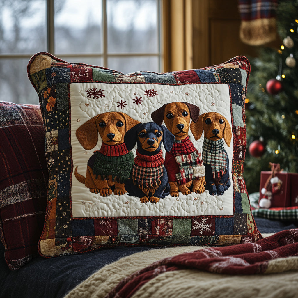Dachshund by the Fire Quilted Pillow Case Holiday Throw Pillow Covers Dog Themed Gifts - Bancroftclothings