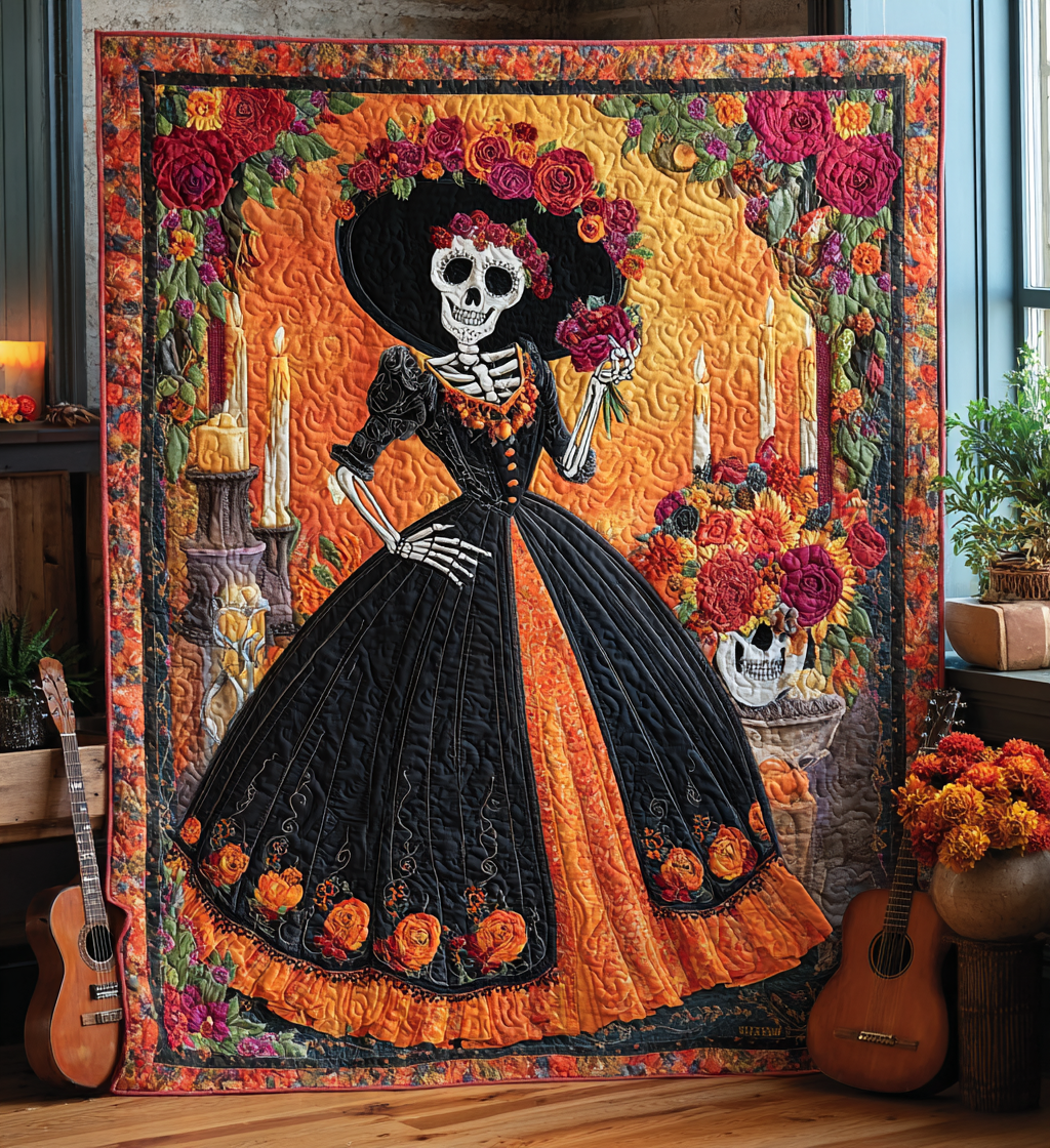 Dance of the Dead Quilted Blanket Day Of The Dead Blanket Gifts For The Family Christmas - Bancroftclothings
