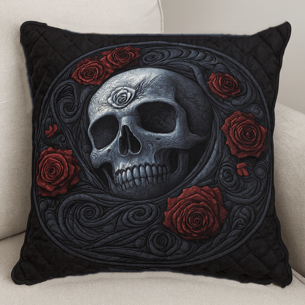 Dark Rose Skull Quilted Pillow Case Decorative Pillow Covers Gift Ideas For Friends - Bancroftclothings