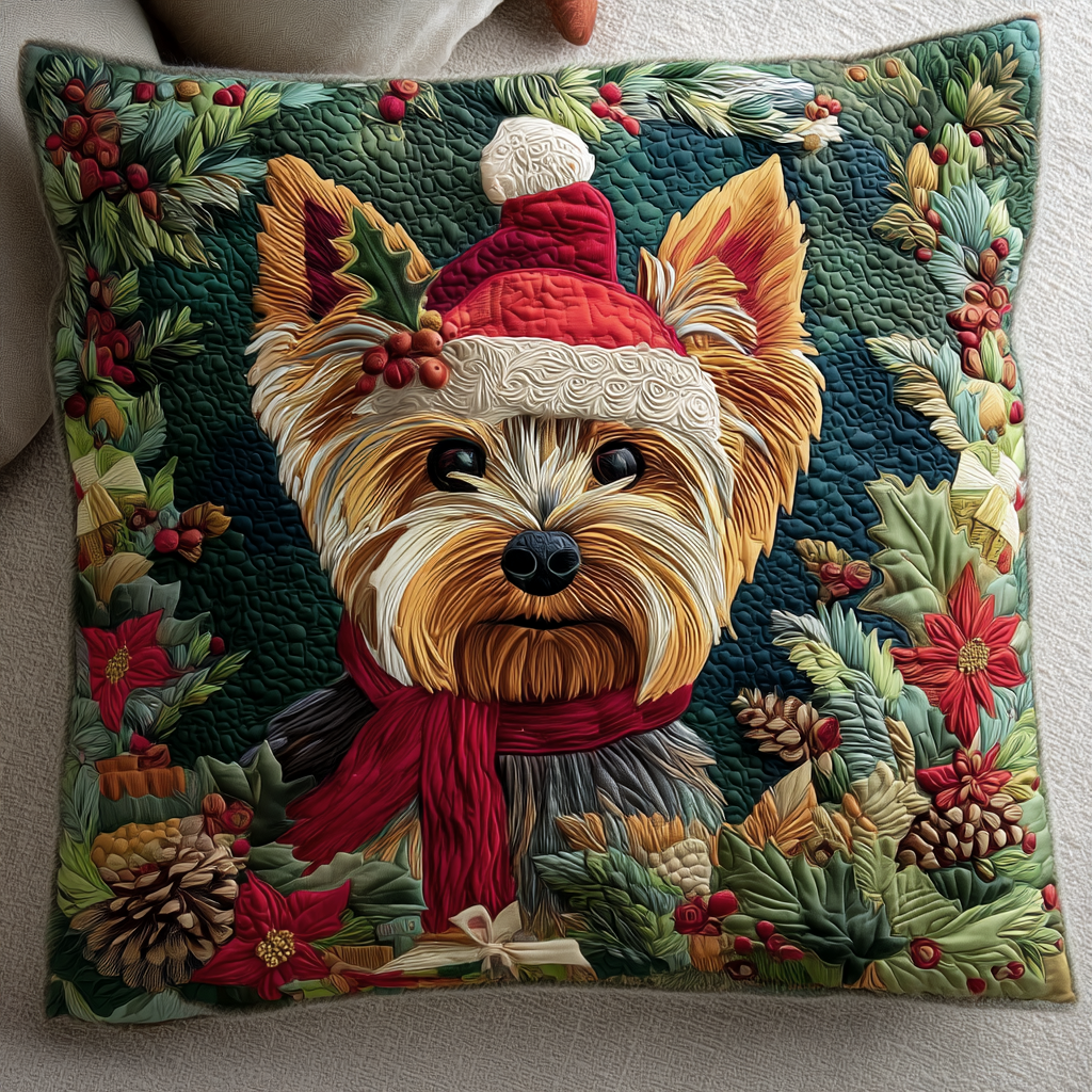 Dashing Yorkie Quilted Pillow Case Christmas Cushion Covers Yorkie Terrier Gifts - Bancroftclothings